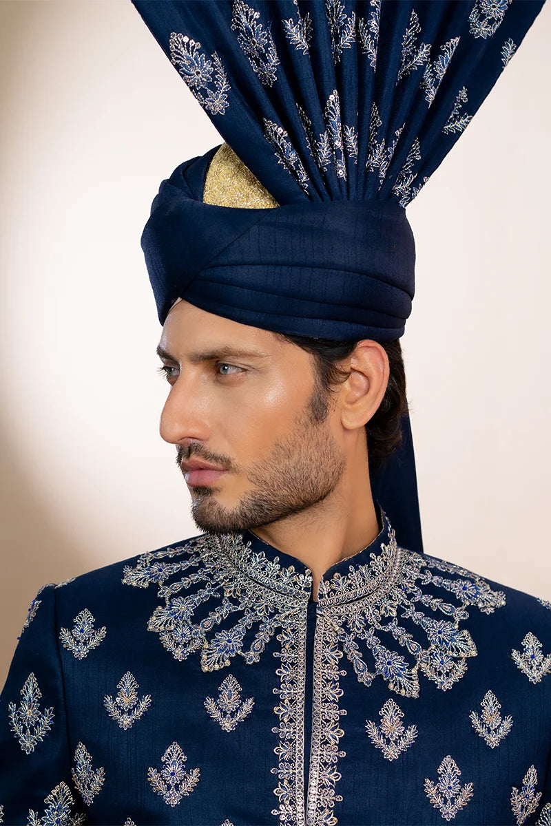 Navy Blue Embellished Baar Silk Groom Sherwani (5-Piece) - Image 4