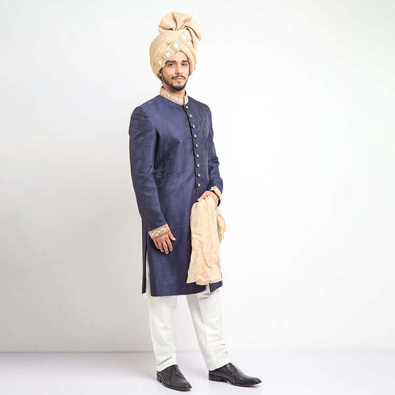 Navy Blue Zardozi Jamavar Silk Groom Sherwani (4-Piece) - Image 1