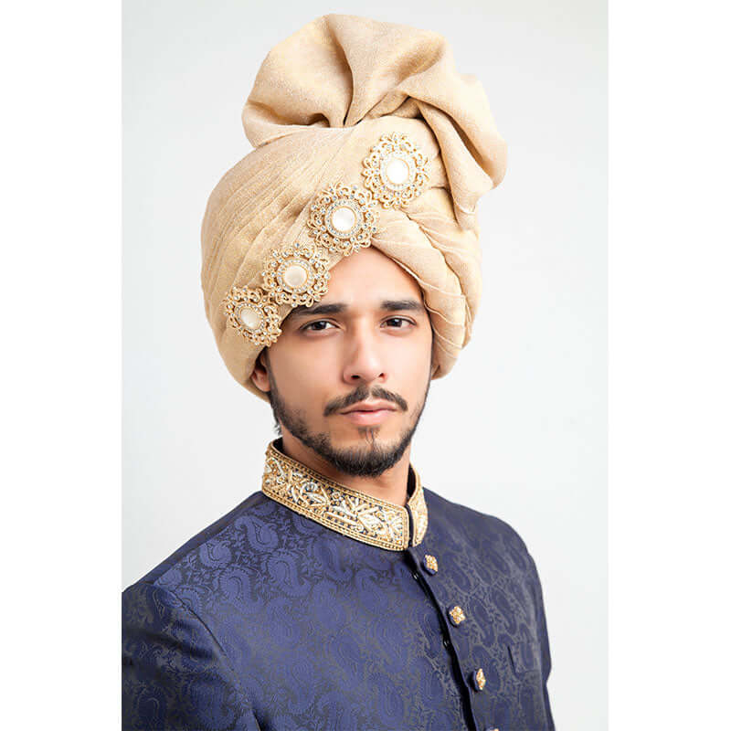 Navy Blue Zardozi Jamavar Silk Groom Sherwani (4-Piece) - Image 2
