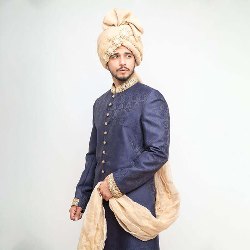 Navy Blue Zardozi Jamavar Silk Groom Sherwani (4-Piece) - Image 3