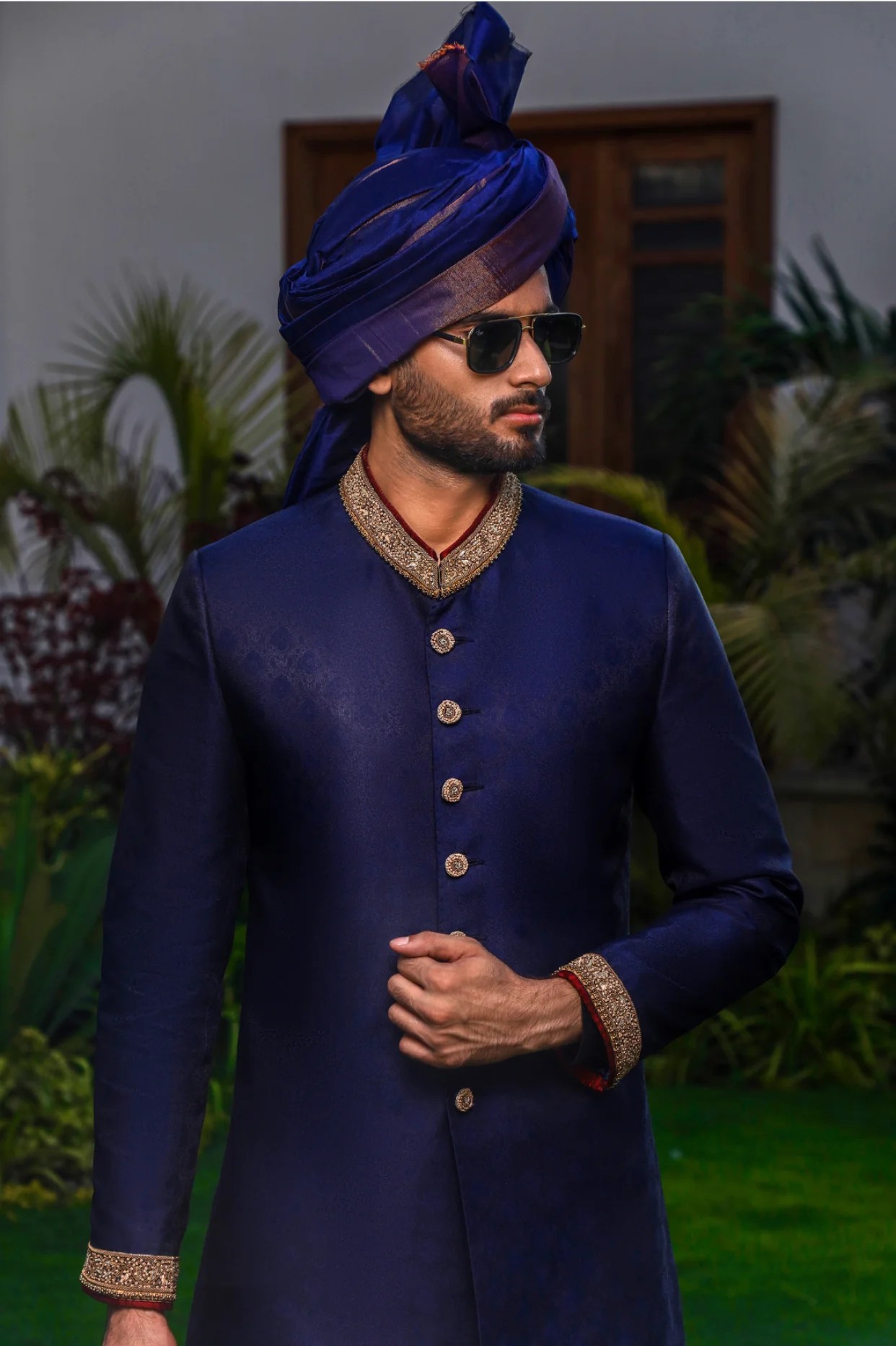 Navy Blue Zardozi Raw Silk Sherwani (4-Piece) - Image 1