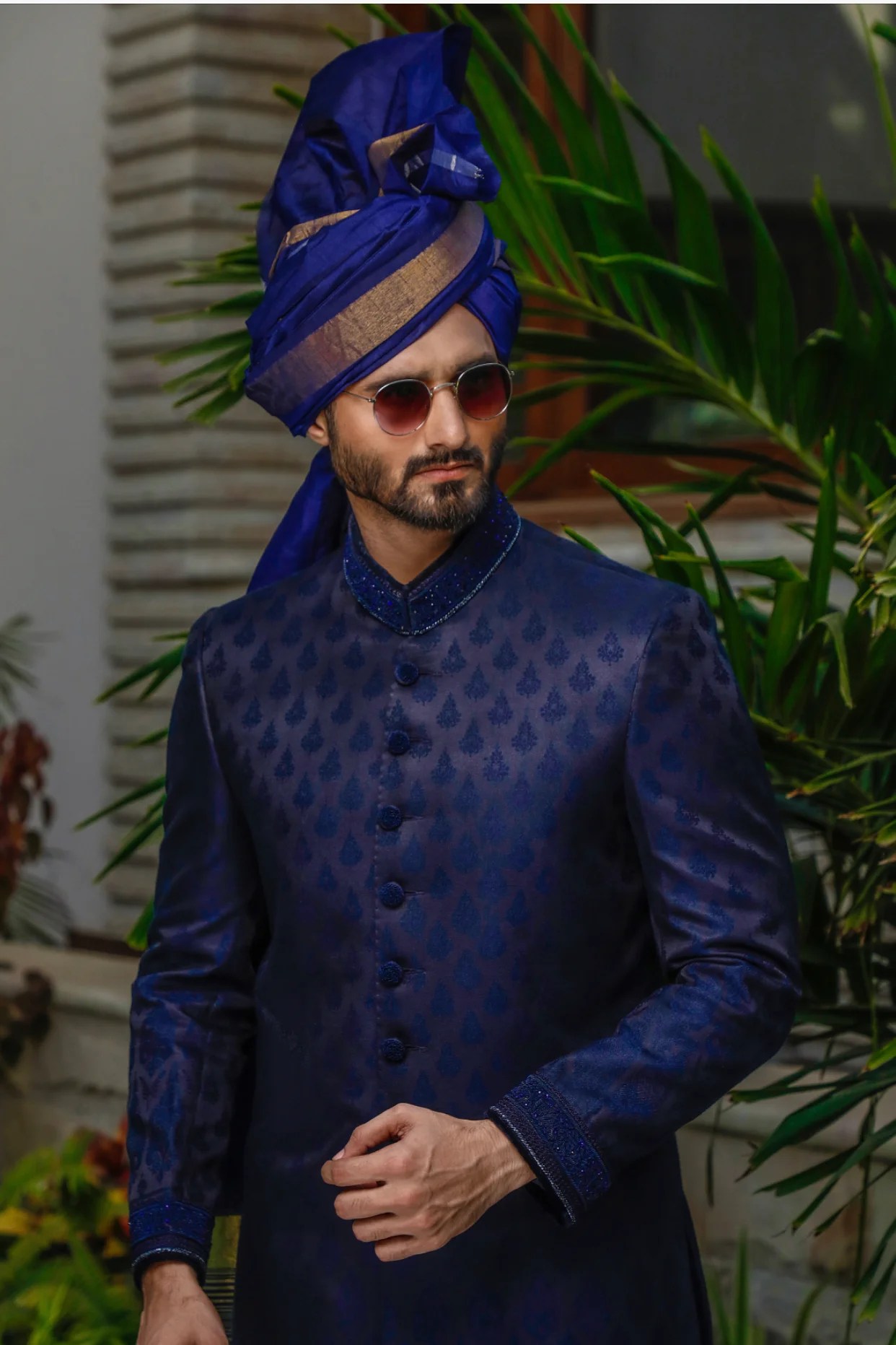 Navy Blue Zardozi Raw Silk Sherwani (4-Piece) - Image 2
