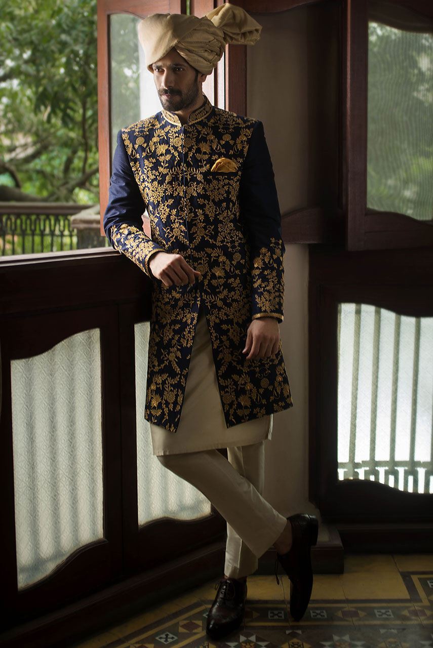 Navy Blue Zari Embroidered Raw Silk Sherwani (2-Piece) - Image 1