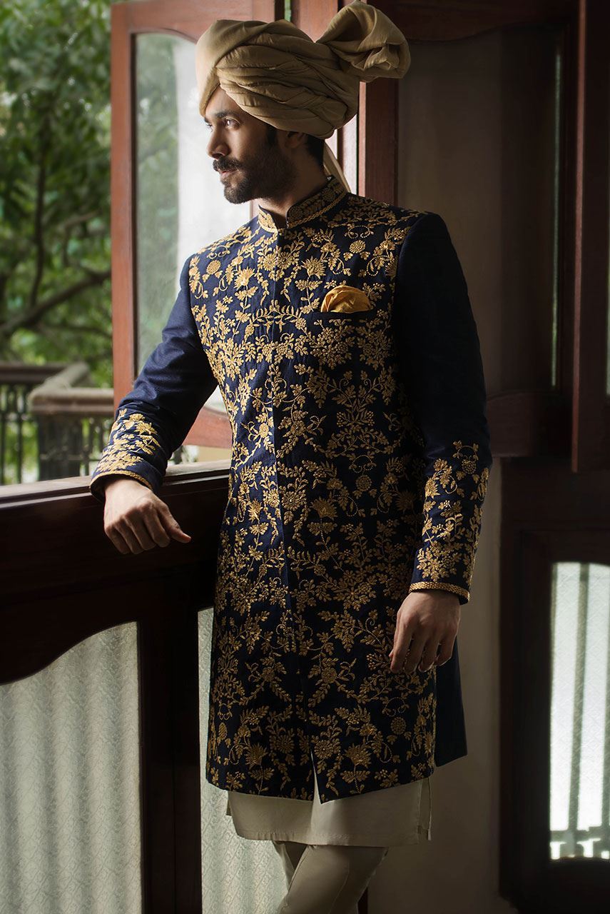 Navy Blue Zari Embroidered Raw Silk Sherwani (2-Piece) - Image 2