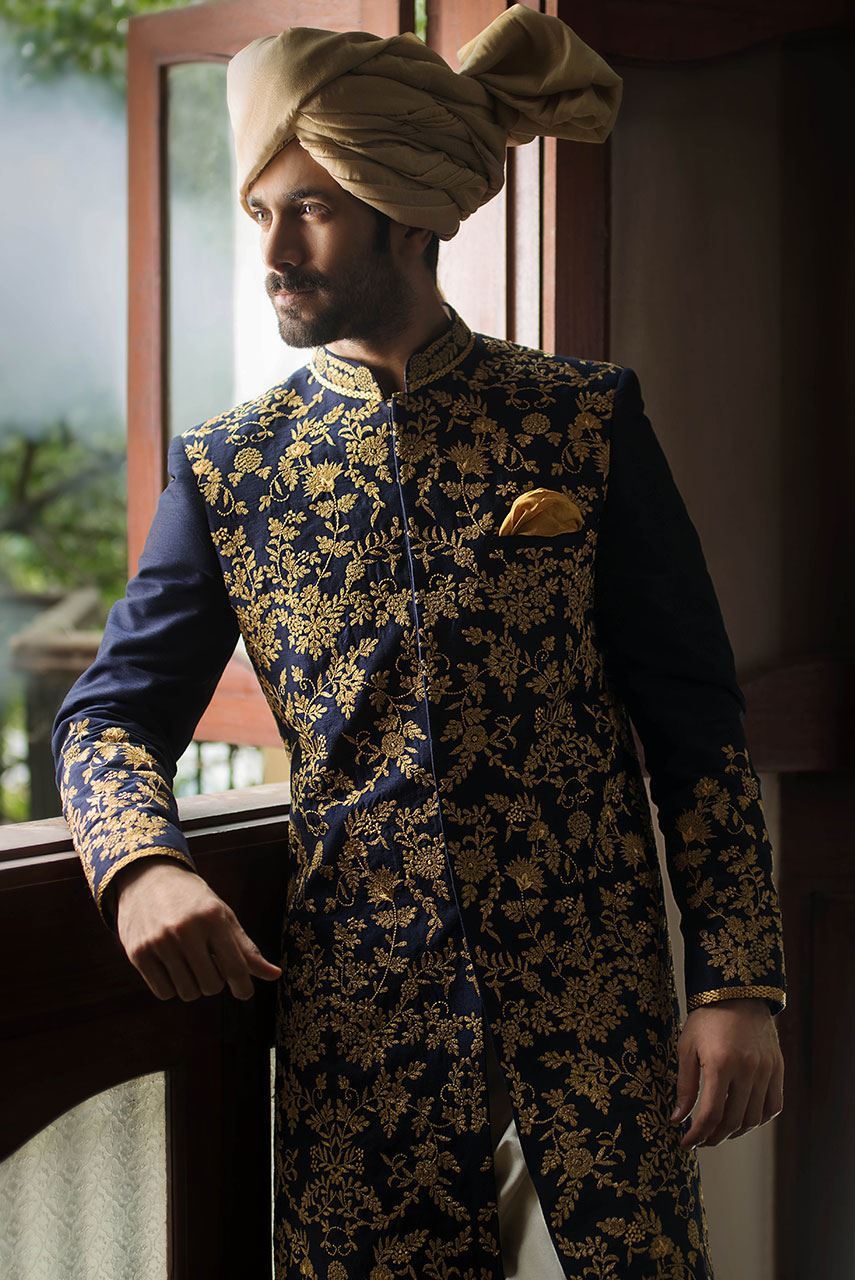 Navy Blue Zari Embroidered Raw Silk Sherwani (2-Piece) - Image 3