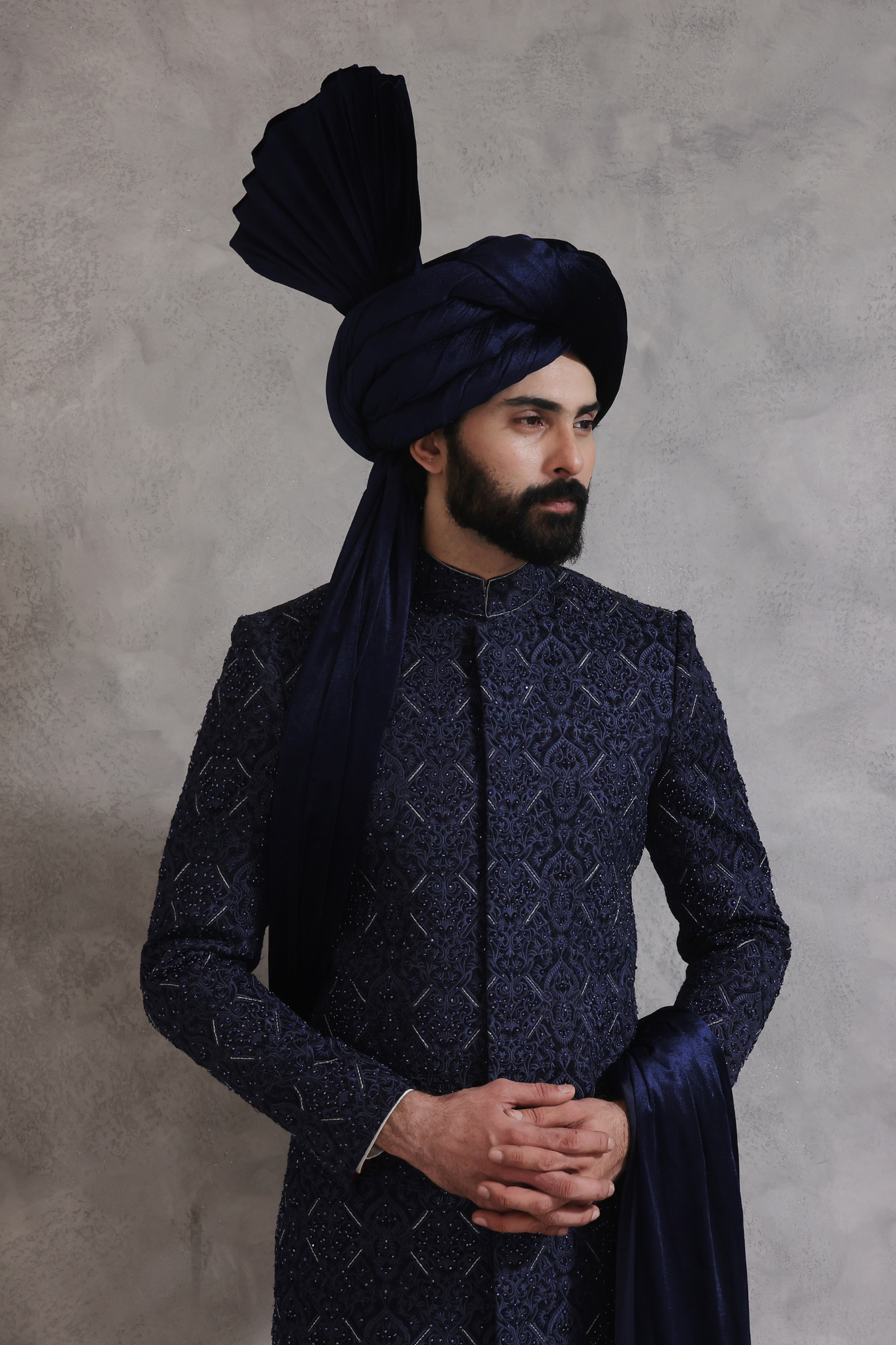Navy Blue Embroidered Silk-Blend Sherwani (3-Piece) - Image 1