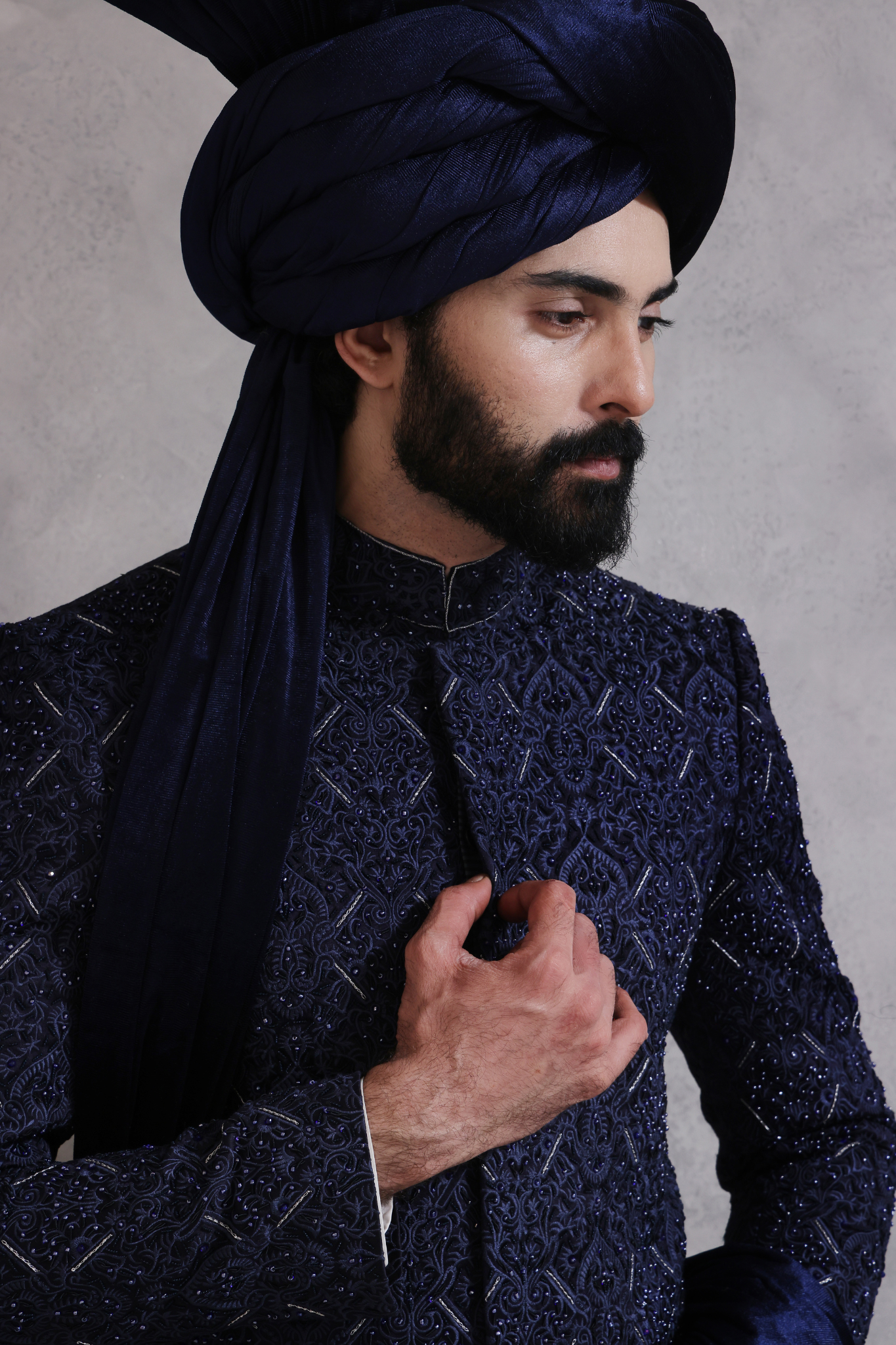 Navy Blue Embroidered Silk-Blend Sherwani (3-Piece) - Image 4