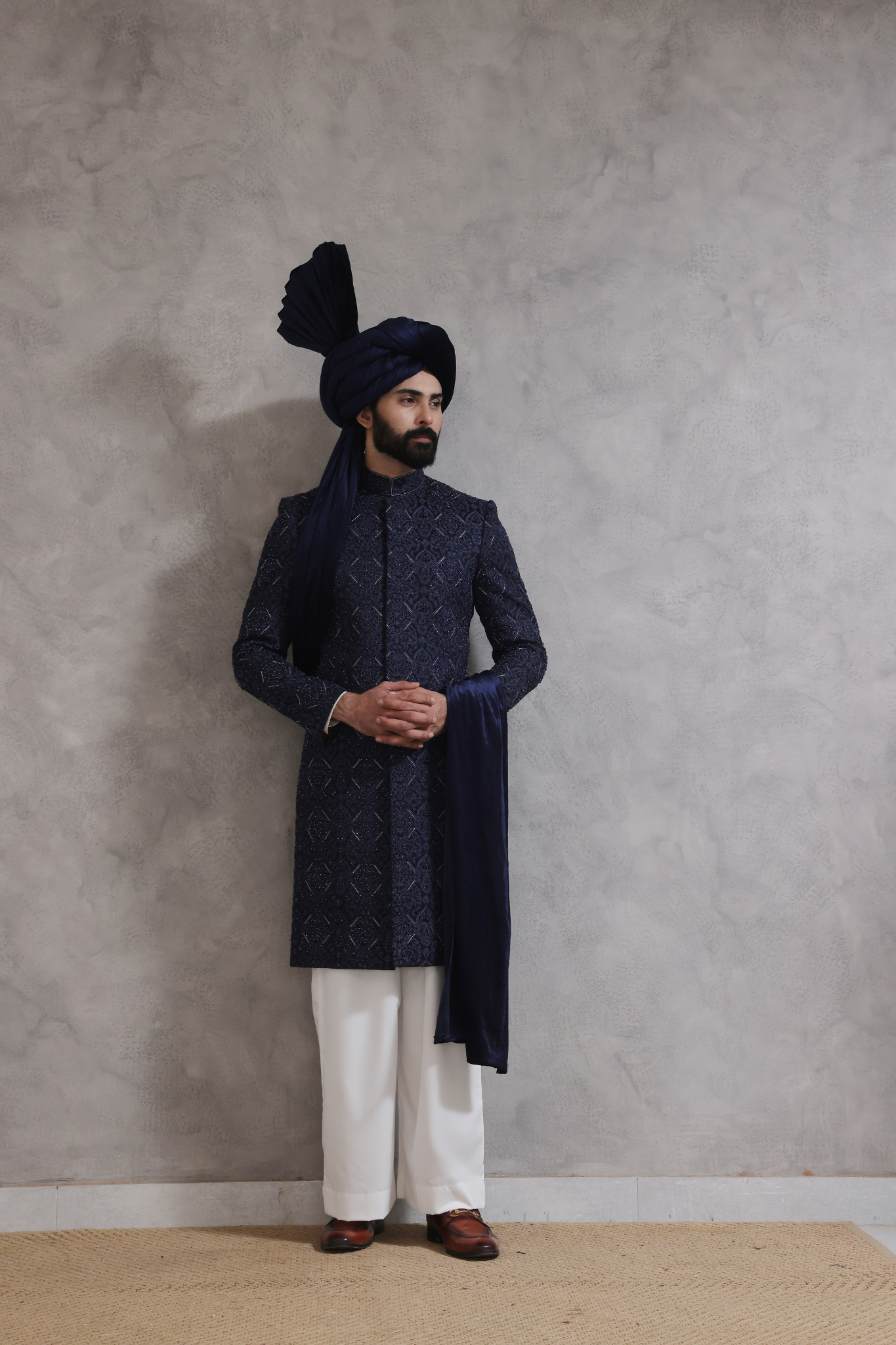 Navy Blue Embroidered Silk-Blend Sherwani (3-Piece) - Image 6