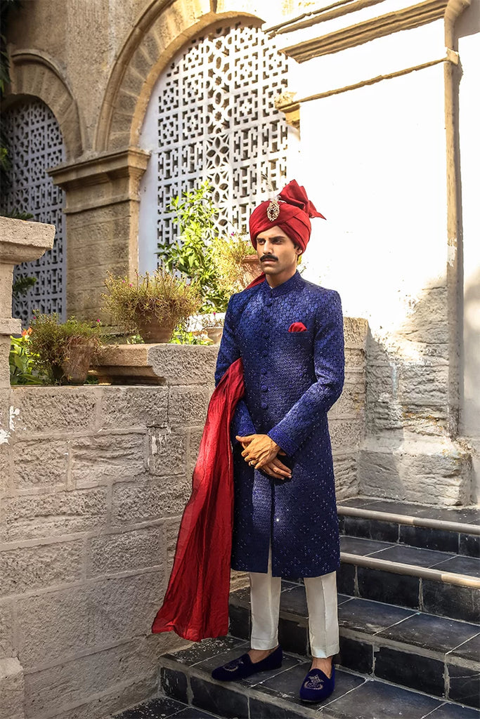 Navy Blue Embroidered Silk-Blend Sherwani (3-Piece) - Image 1