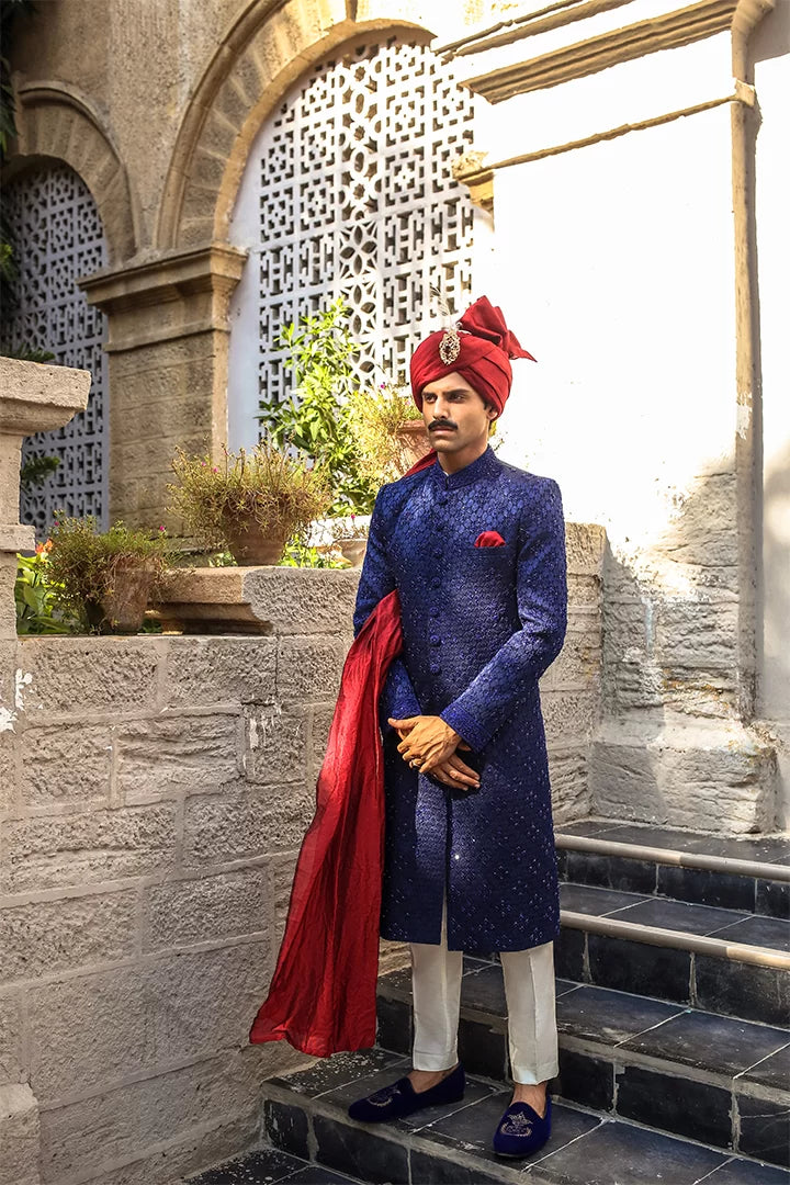 Navy Blue Embroidered Silk-Blend Sherwani (3-Piece) - Image 2
