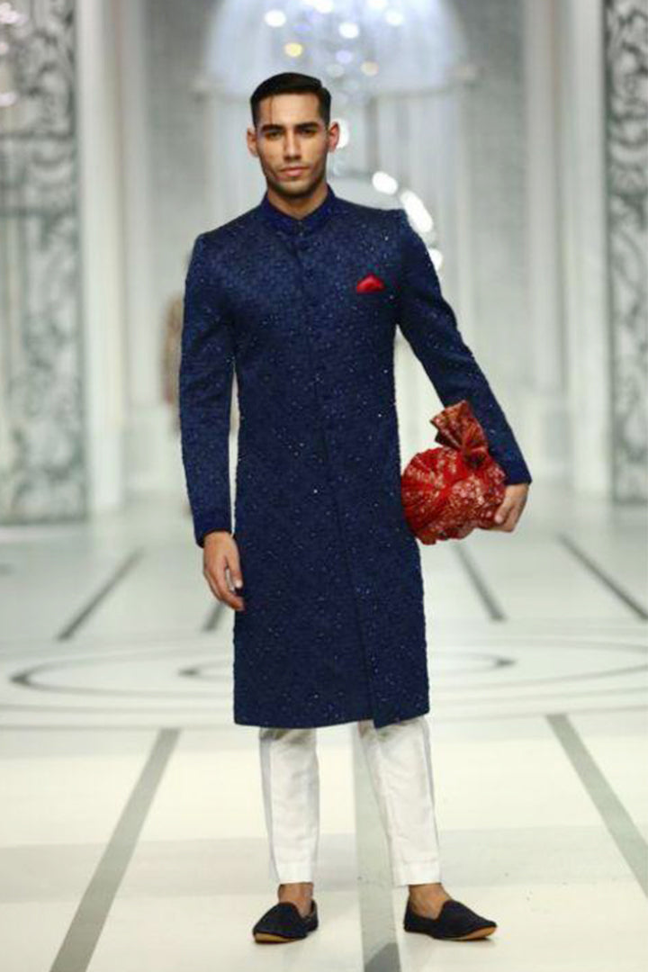 Navy Blue Embroidered Silk-Blend Sherwani (3-Piece) - Image 3
