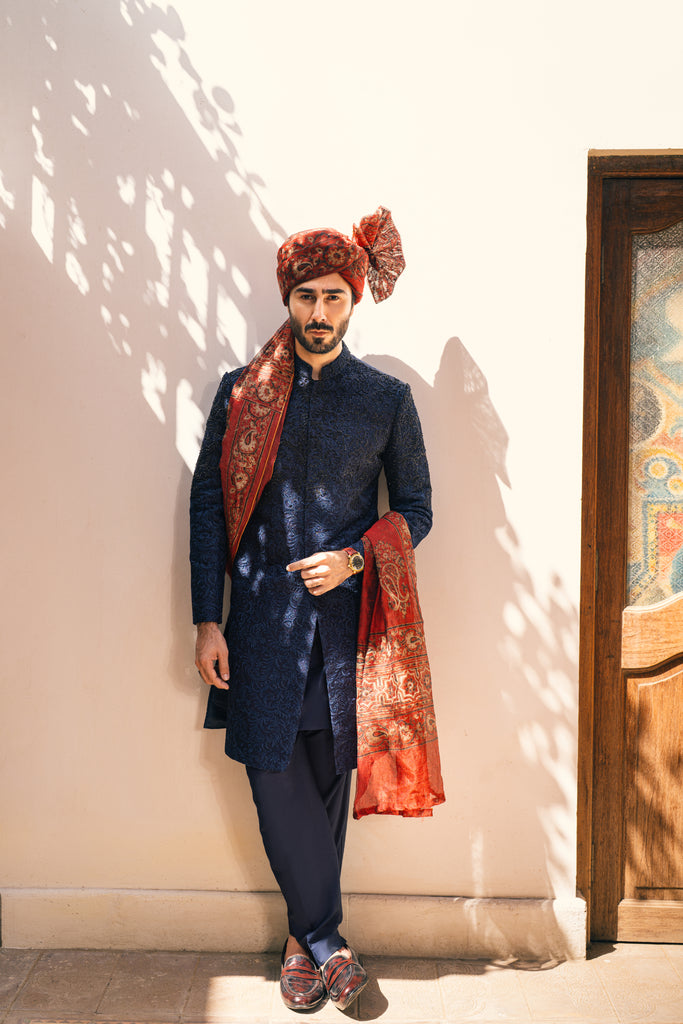 Navy Blue Cut Dana Silk-Blend Sherwani (3-Piece) - Image 1