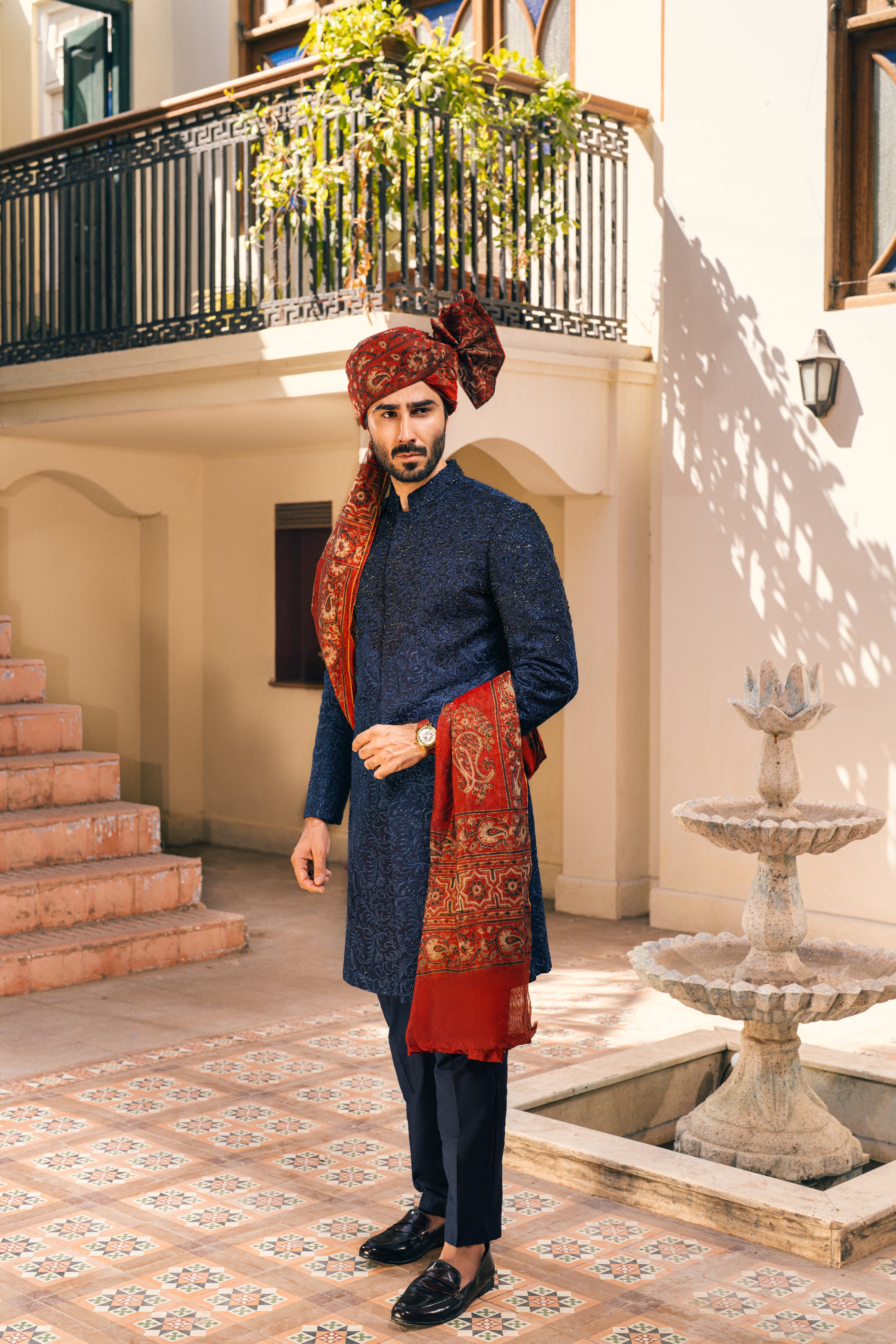Navy Blue Cut Dana Silk-Blend Sherwani (3-Piece) - Image 4
