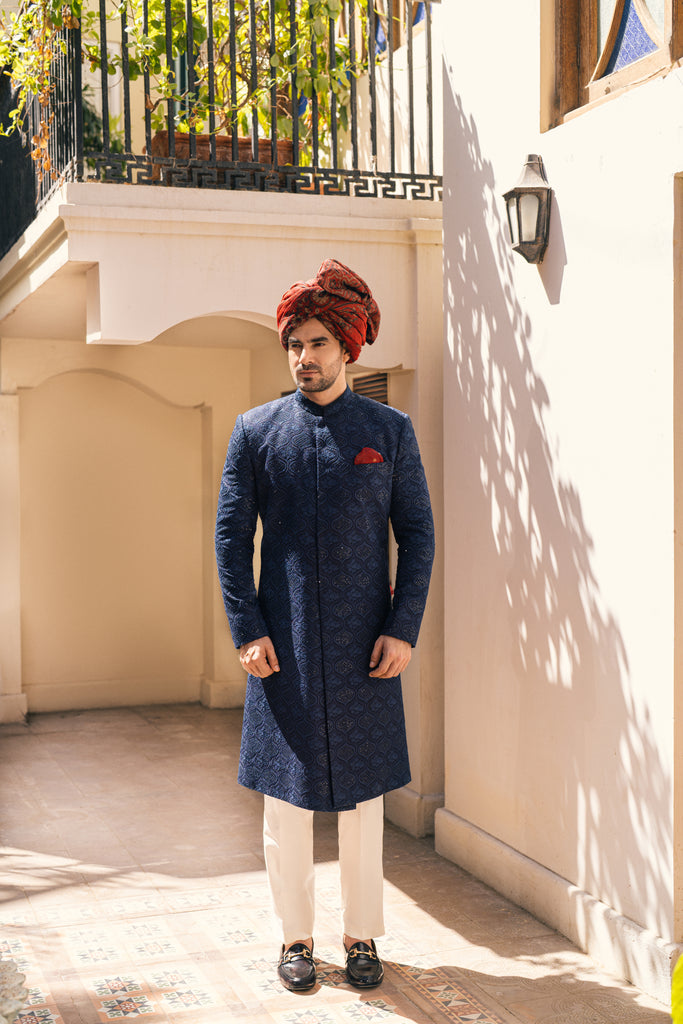 Navy Blue Cut Dana Silk-Blend Sherwani (2-Piece) - Image 1