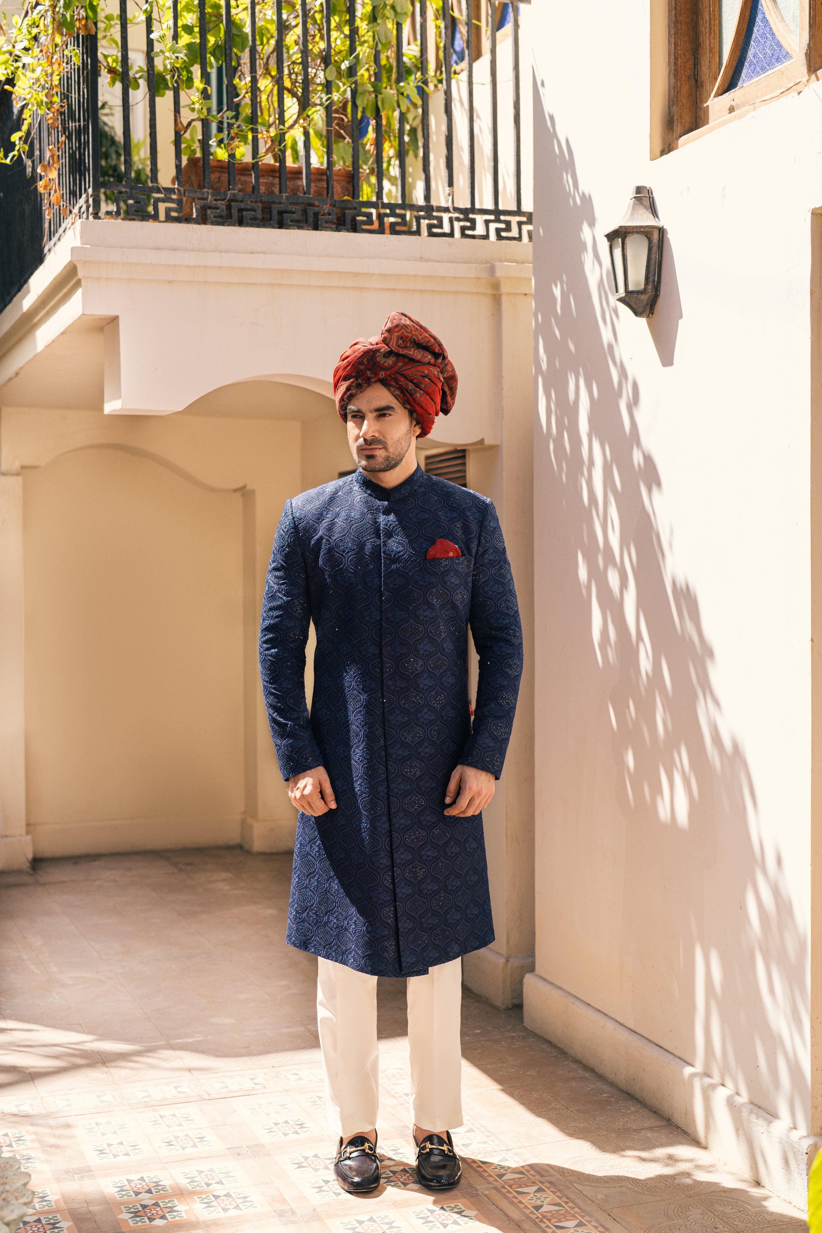 Navy Blue Cut Dana Silk-Blend Sherwani (2-Piece) - Image 2