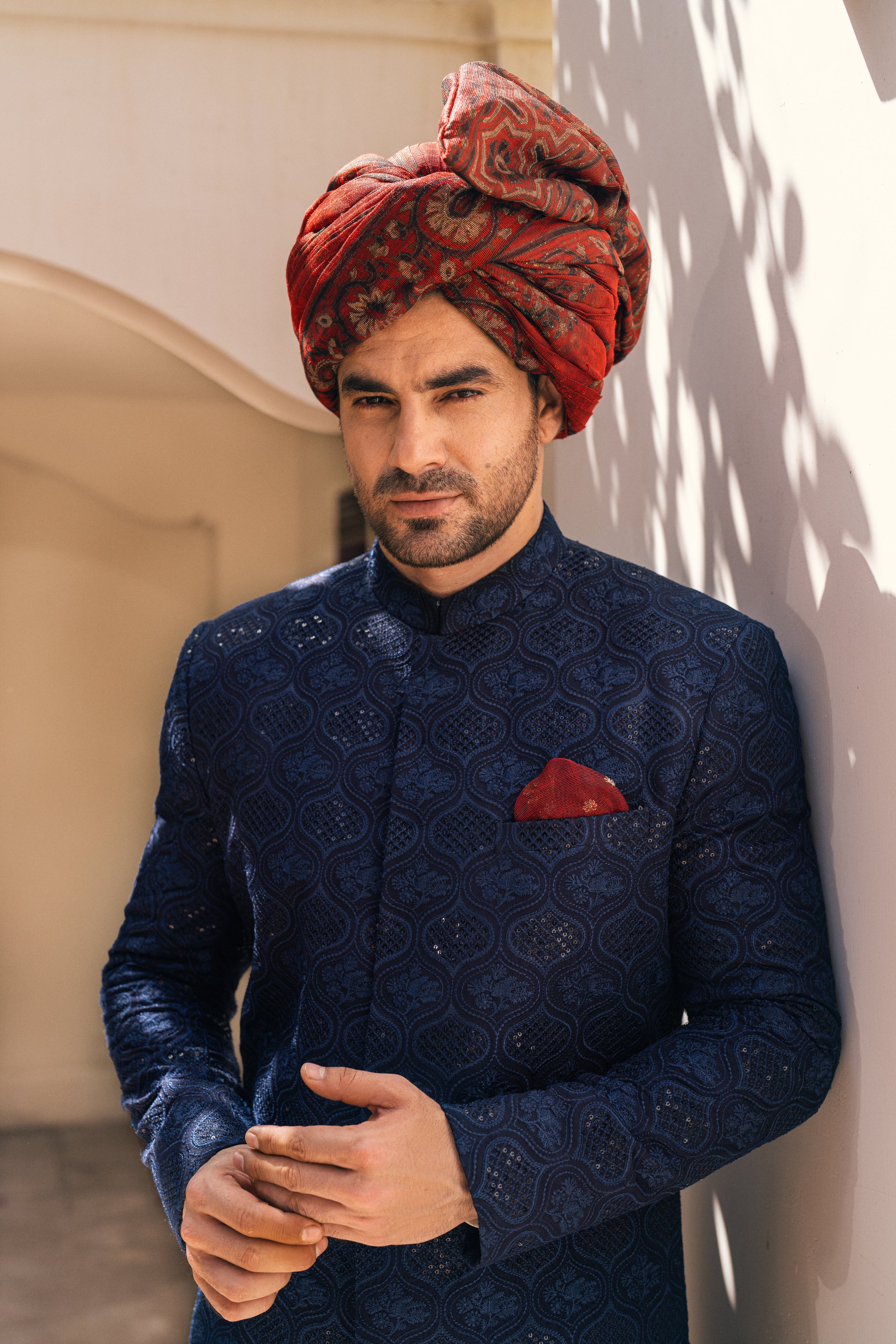 Navy Blue Cut Dana Silk-Blend Sherwani (2-Piece) - Image 3
