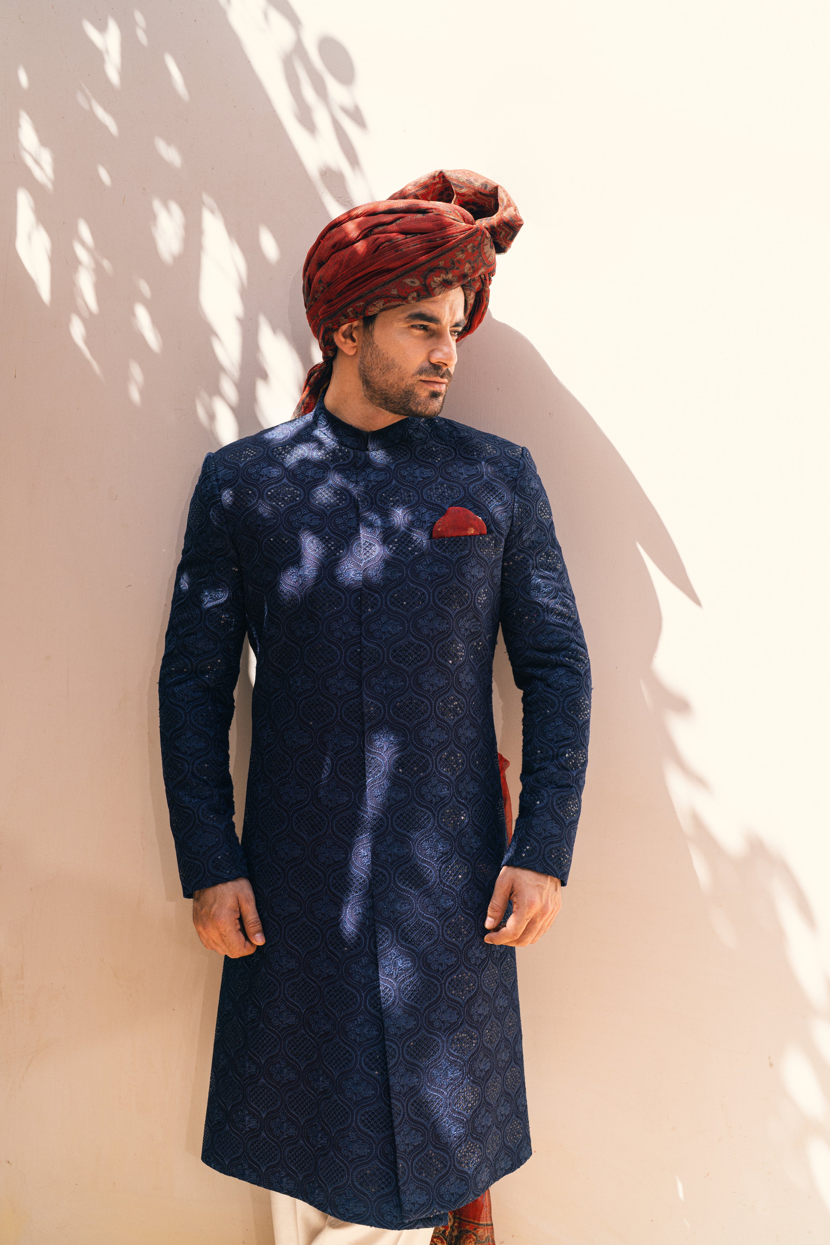 Navy Blue Cut Dana Silk-Blend Sherwani (2-Piece) - Image 4