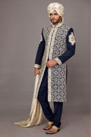 Navy Blue Embroidered Suiting Fabric Groom Sherwani (4-Piece) - Image 2