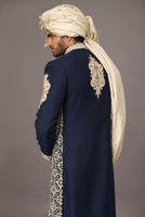 Navy Blue Embroidered Suiting Fabric Groom Sherwani (4-Piece) - Image 3