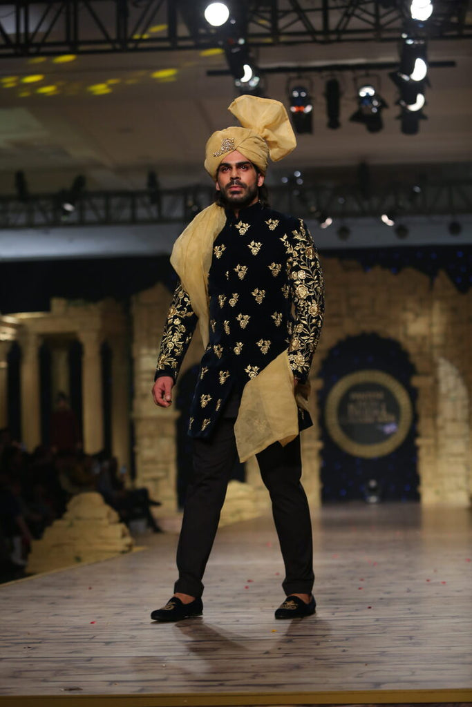 Navy Gold Embroidered Velvet Groom Sherwani (3-Piece) - Image 1