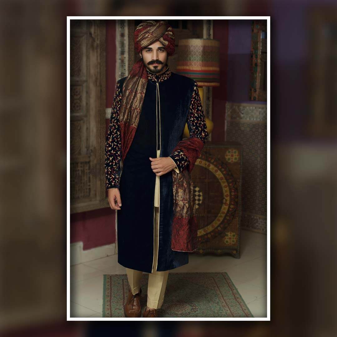Navy Blue Embroidered Velveteen Sherwani (3-Piece) - Image 1