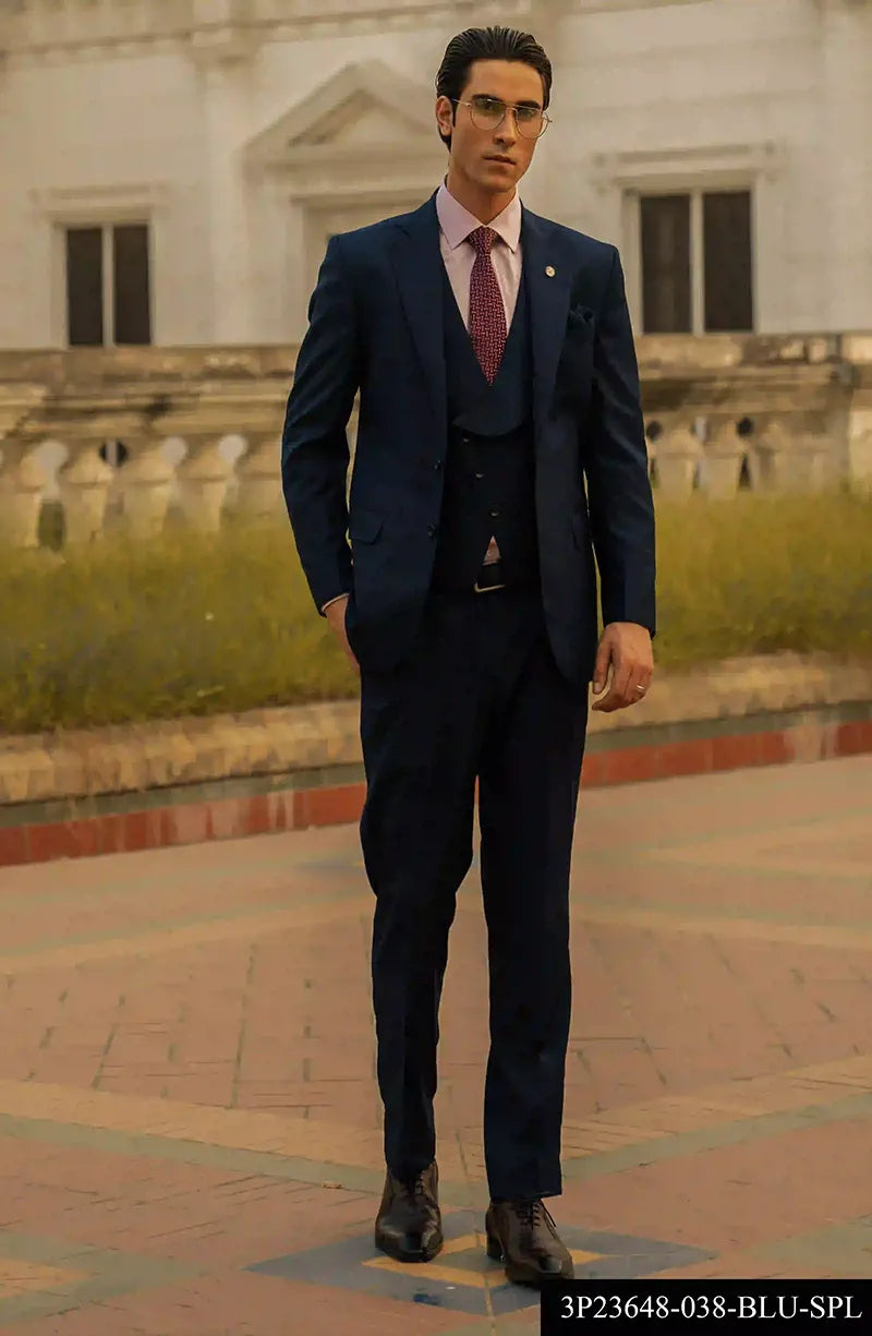 Navy Blue Champa-Stitched Suiting Fabric 3-Piece Suit - Image 1