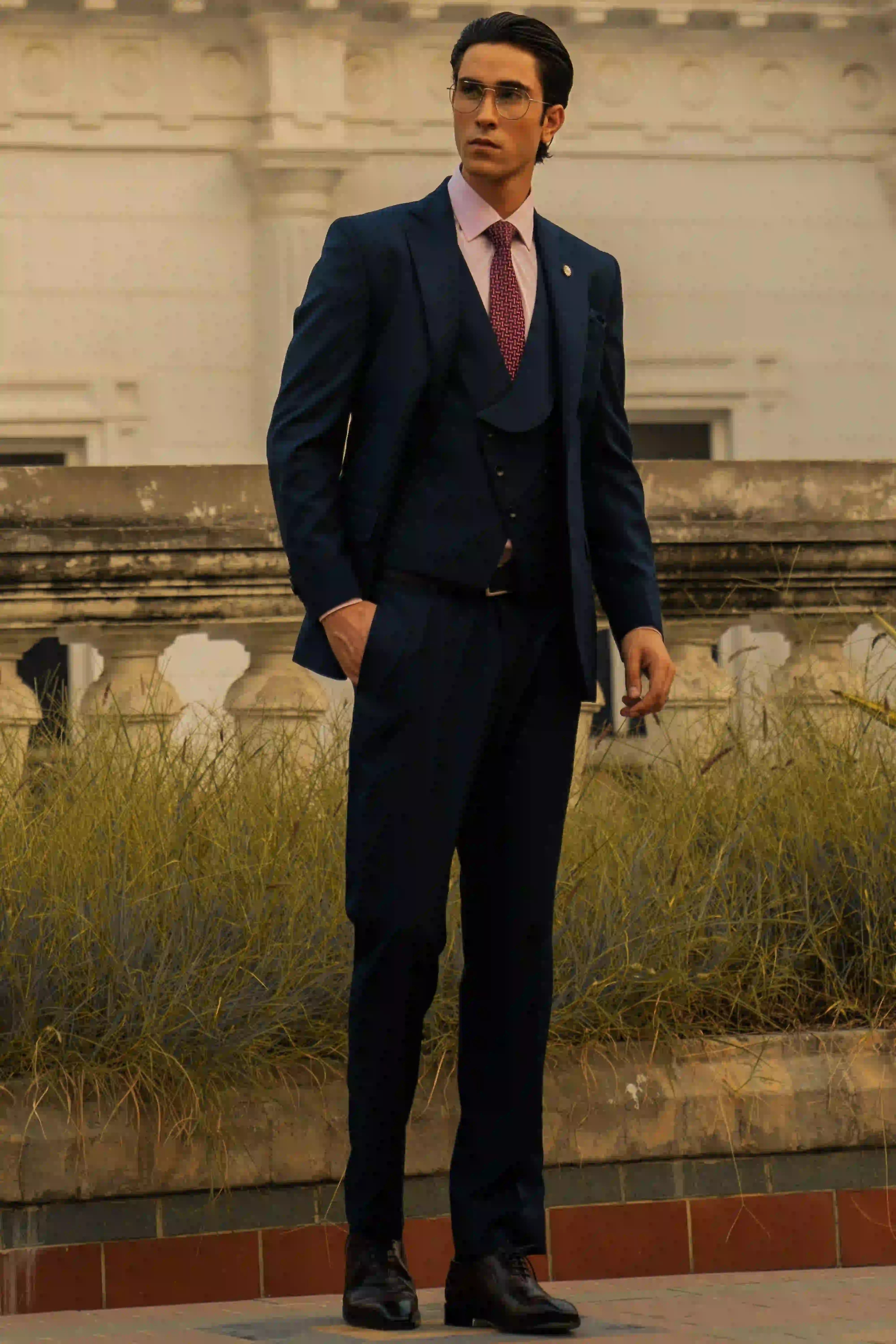 Navy Blue Champa-Stitched Suiting Fabric 3-Piece Suit - Image 2