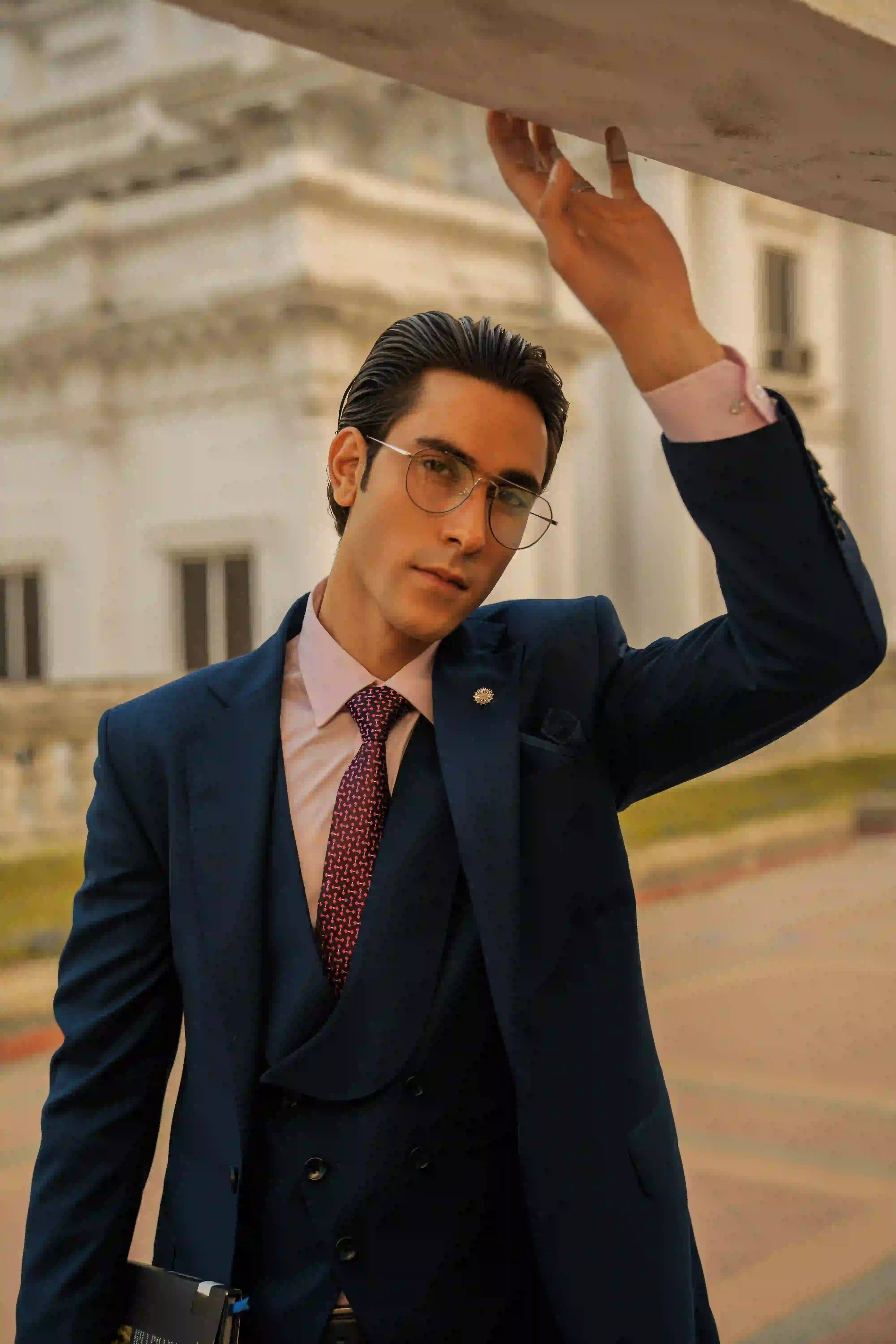 Navy Blue Champa-Stitched Suiting Fabric 3-Piece Suit - Image 3