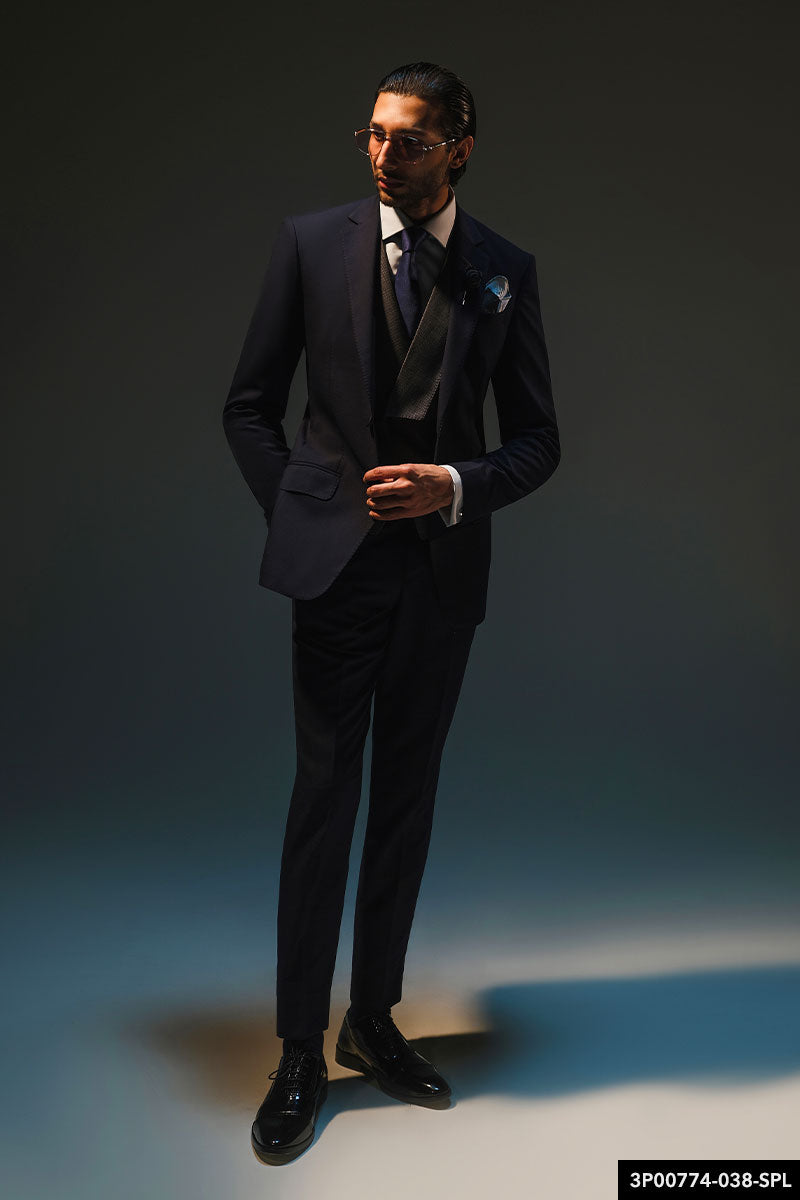 Navy Blue Tailored Suit with Grey Waistcoat (3-Piece) - Image 1