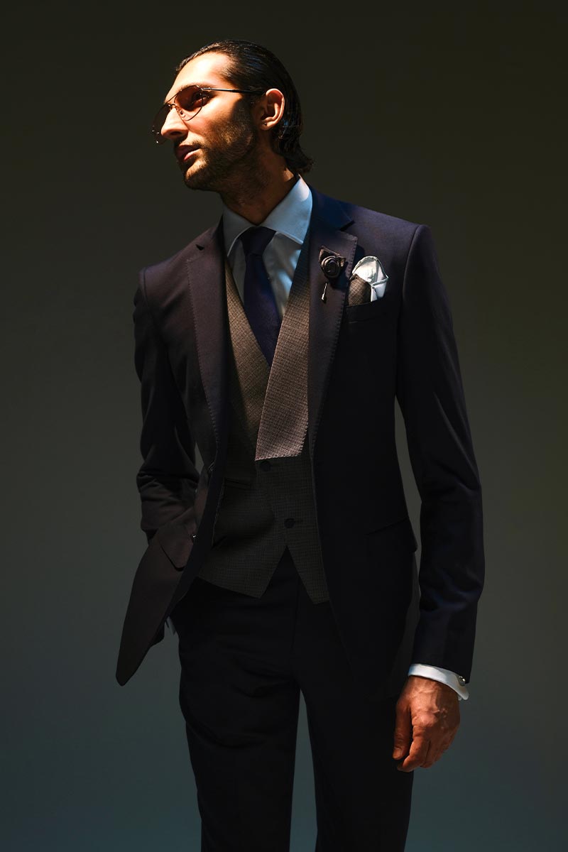 Navy Blue Tailored Suit with Grey Waistcoat (3-Piece) - Image 2
