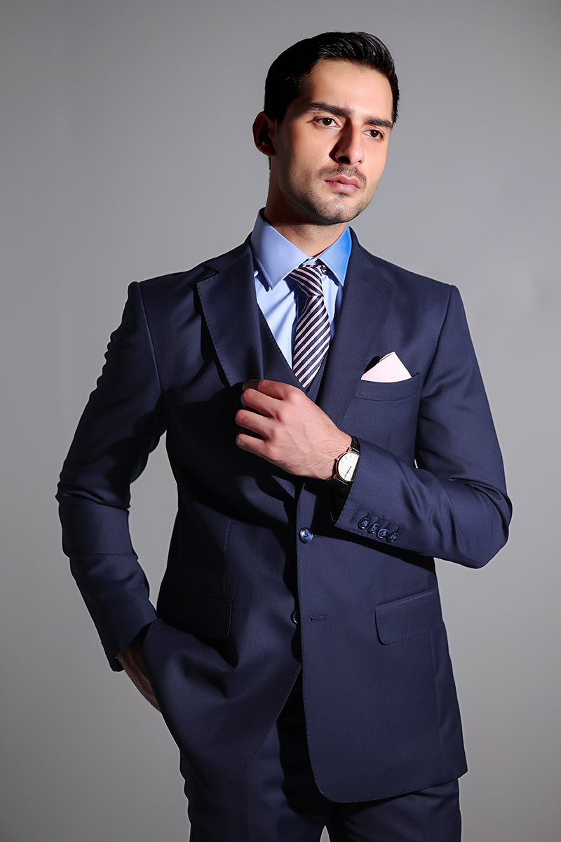 Navy Blue Suiting Fabric 3-Piece Groom Suit - Image 2