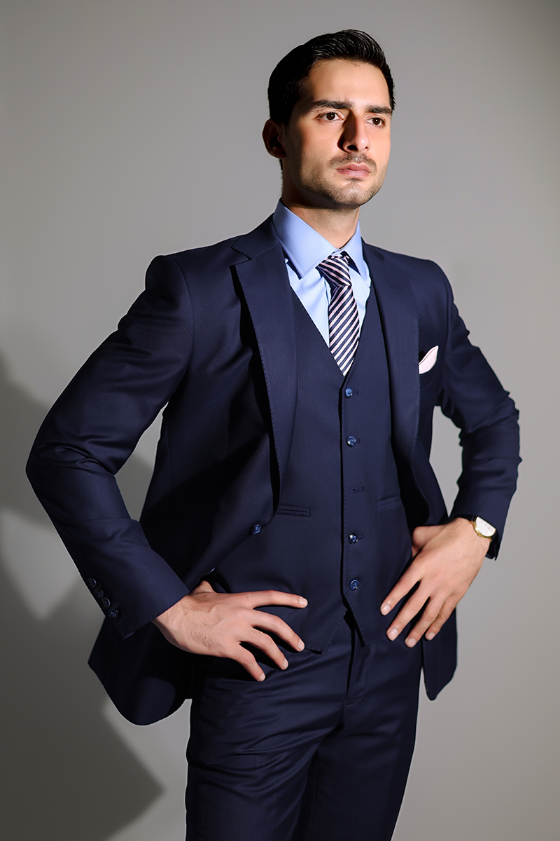 Navy Blue Suiting Fabric 3-Piece Groom Suit - Image 5