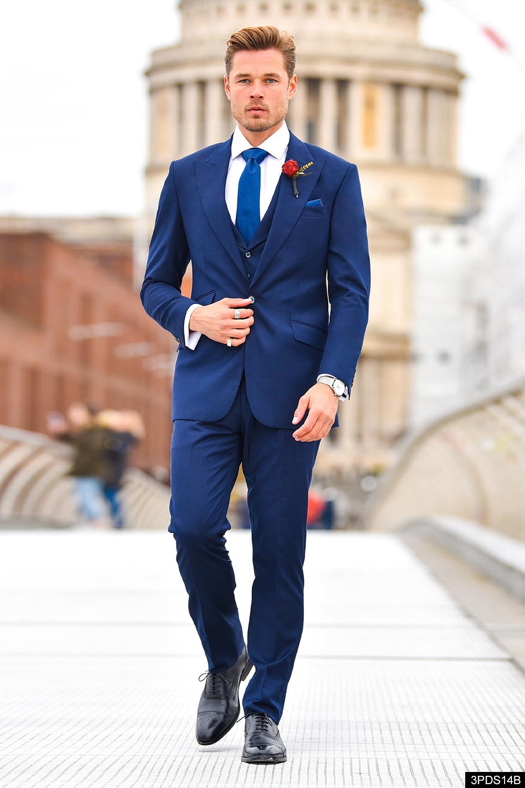 Navy Blue Terry Rayon Slim Fit Three-Piece Suit (3-Piece) - Image 1