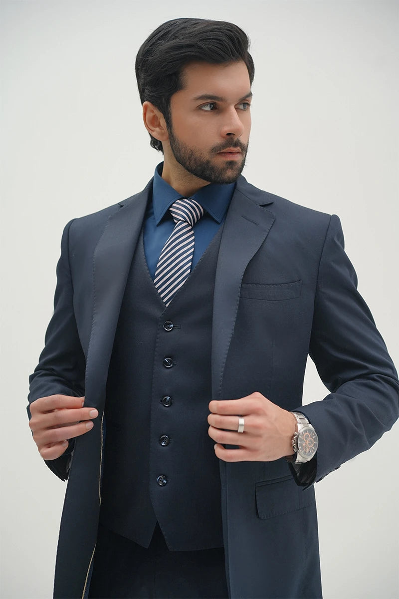 Navy Tonal-Stitch Fine Wool Blend 3-Piece Suit - Image 3