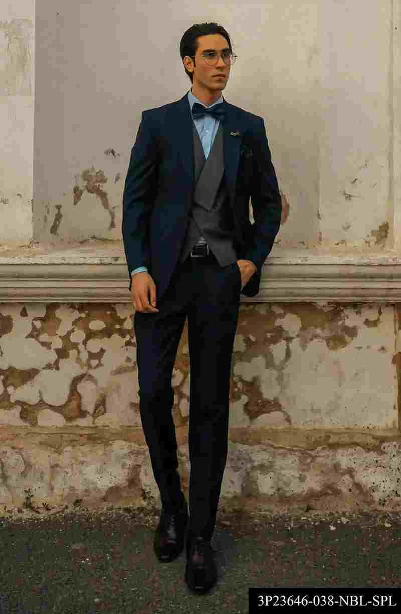 Navy Blue Champa-Stitched Wool 3-Piece Suit (Groom) - Image 1