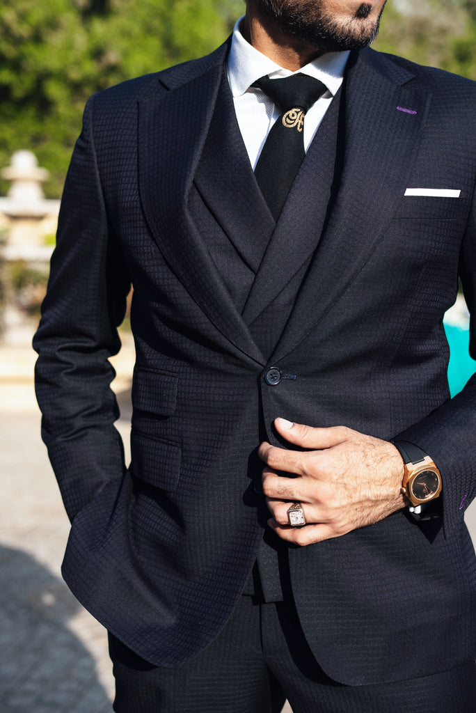 Navy Blue Wool Blend Three-Piece Groom Suit (3-Piece) - Image 3