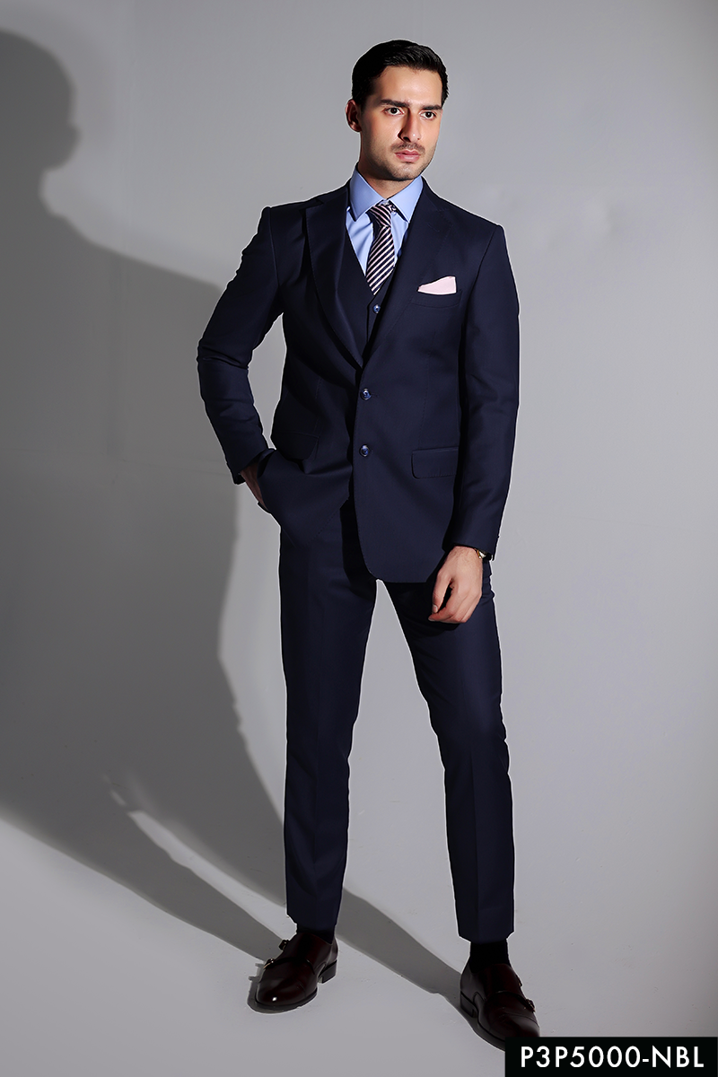 Navy Blue Fine Wool Blend 3-Piece Suit - Image 1