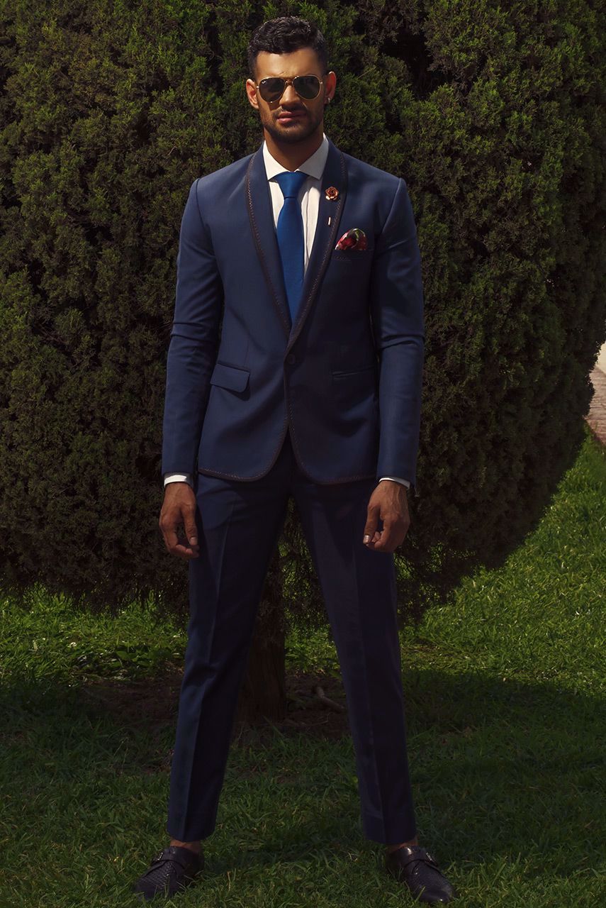 Navy Blue Herringbone Wool Blend Suit (2-Piece) - Image 1
