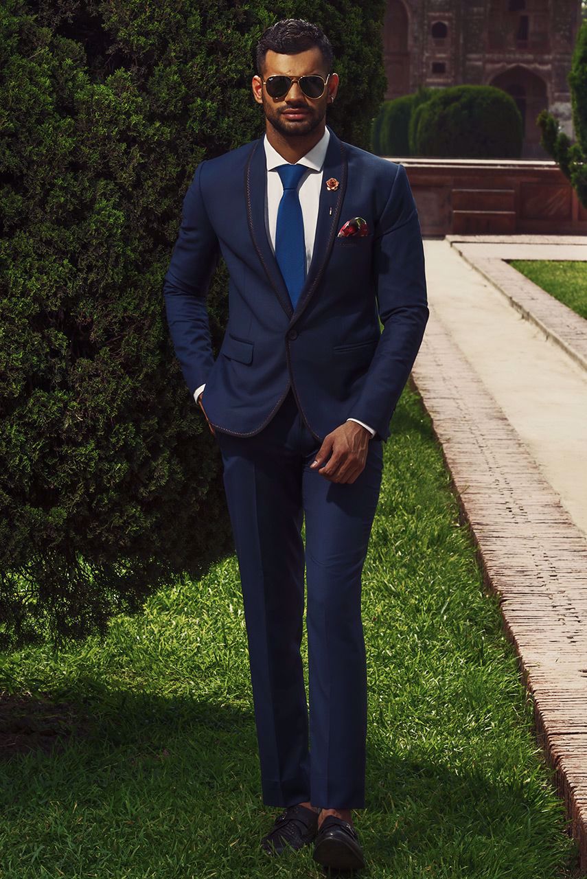 Navy Blue Herringbone Wool Blend Suit (2-Piece) - Image 2