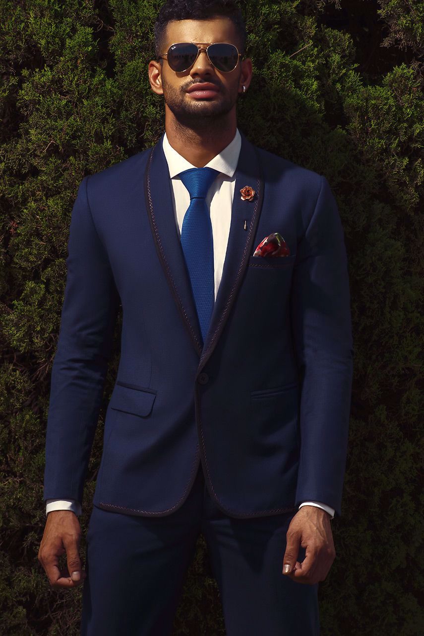 Navy Blue Herringbone Wool Blend Suit (2-Piece) - Image 4