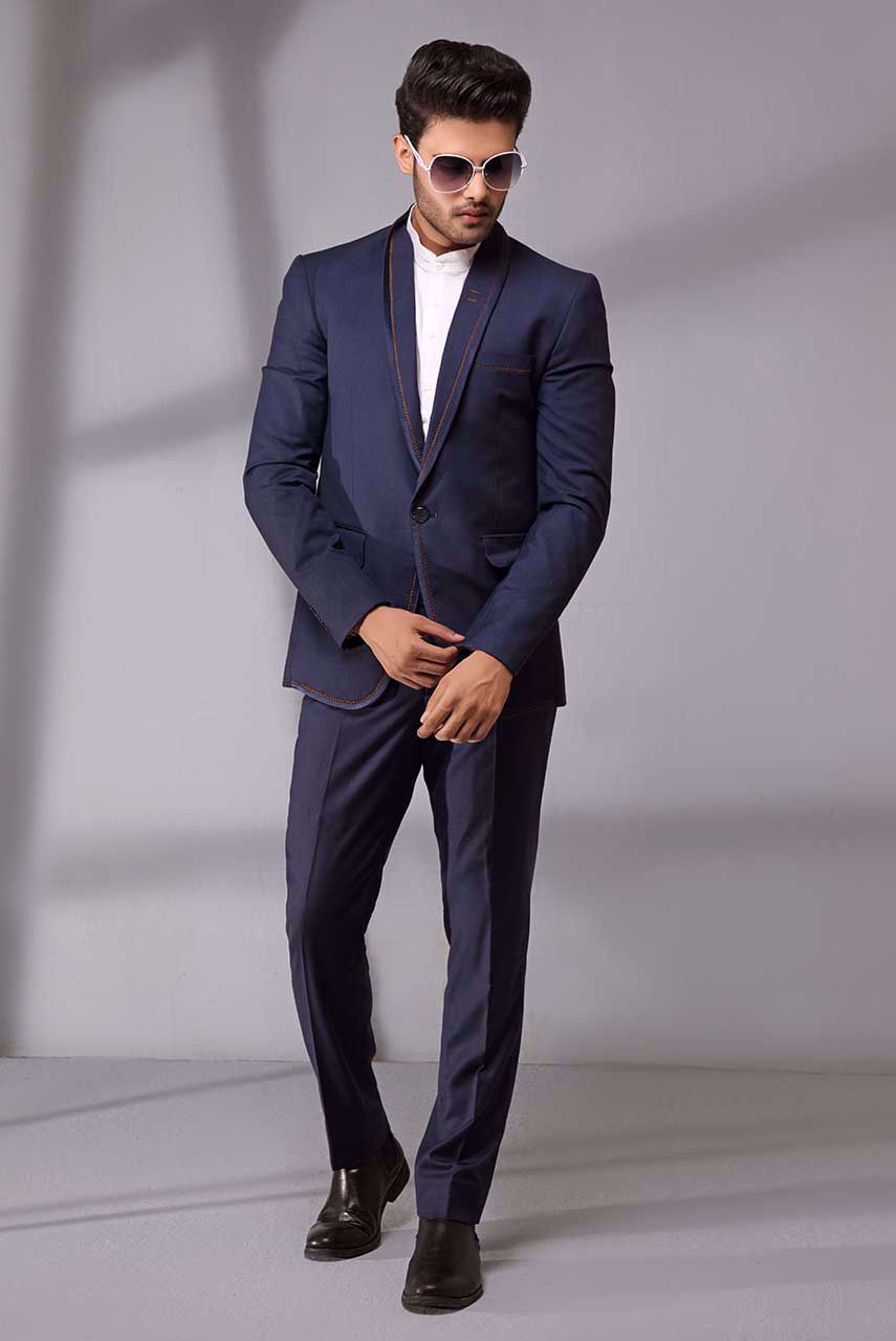 Navy Blue Herringbone Wool Blend Suit (2-Piece) - Image 5