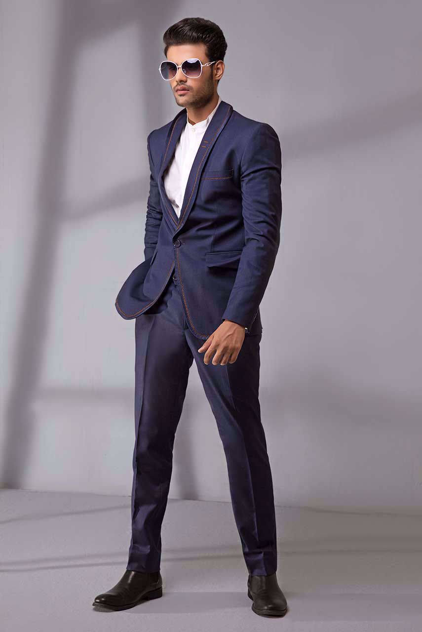 Navy Blue Herringbone Wool Blend Suit (2-Piece) - Image 6