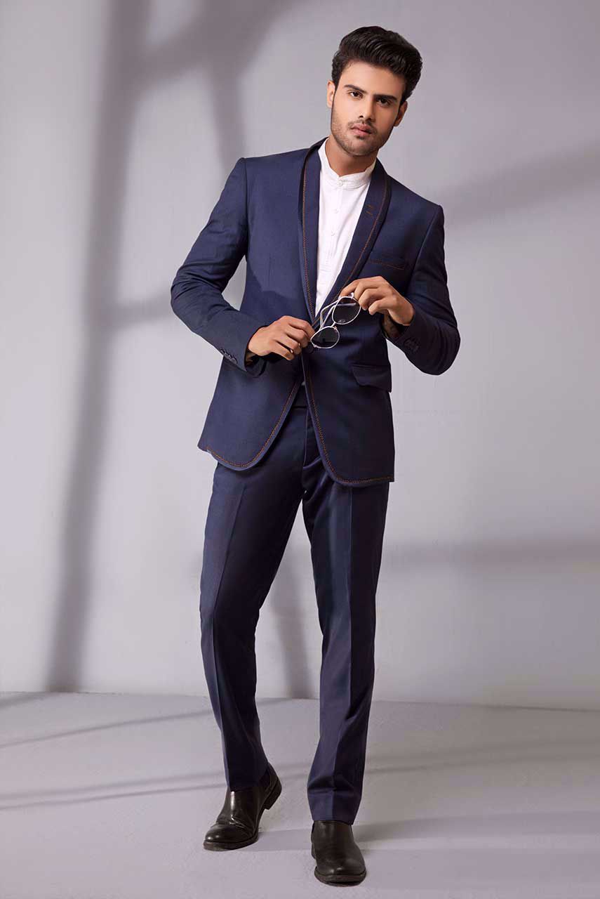 Navy Blue Herringbone Wool Blend Suit (2-Piece) - Image 7