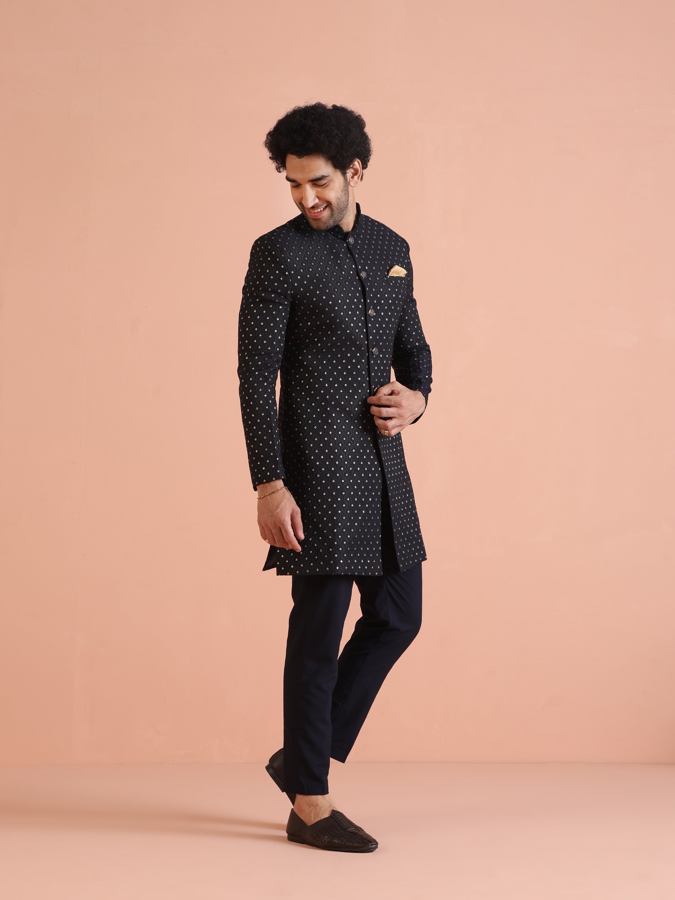 Navy Blue Jacquard Silk Blend Indo-Western Set (2-Piece) - Image 11