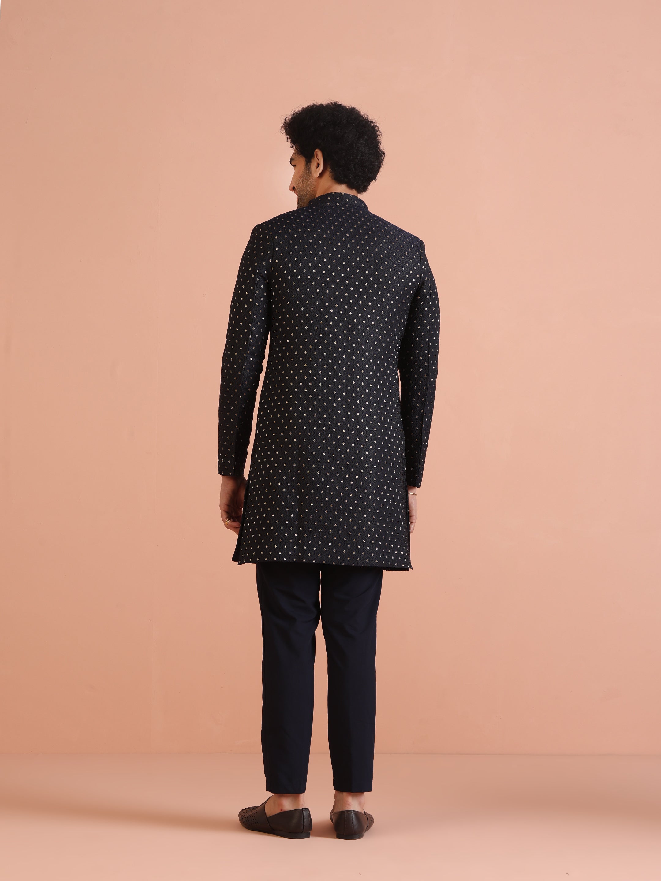 Navy Blue Jacquard Silk Blend Indo-Western Set (2-Piece) - Image 19