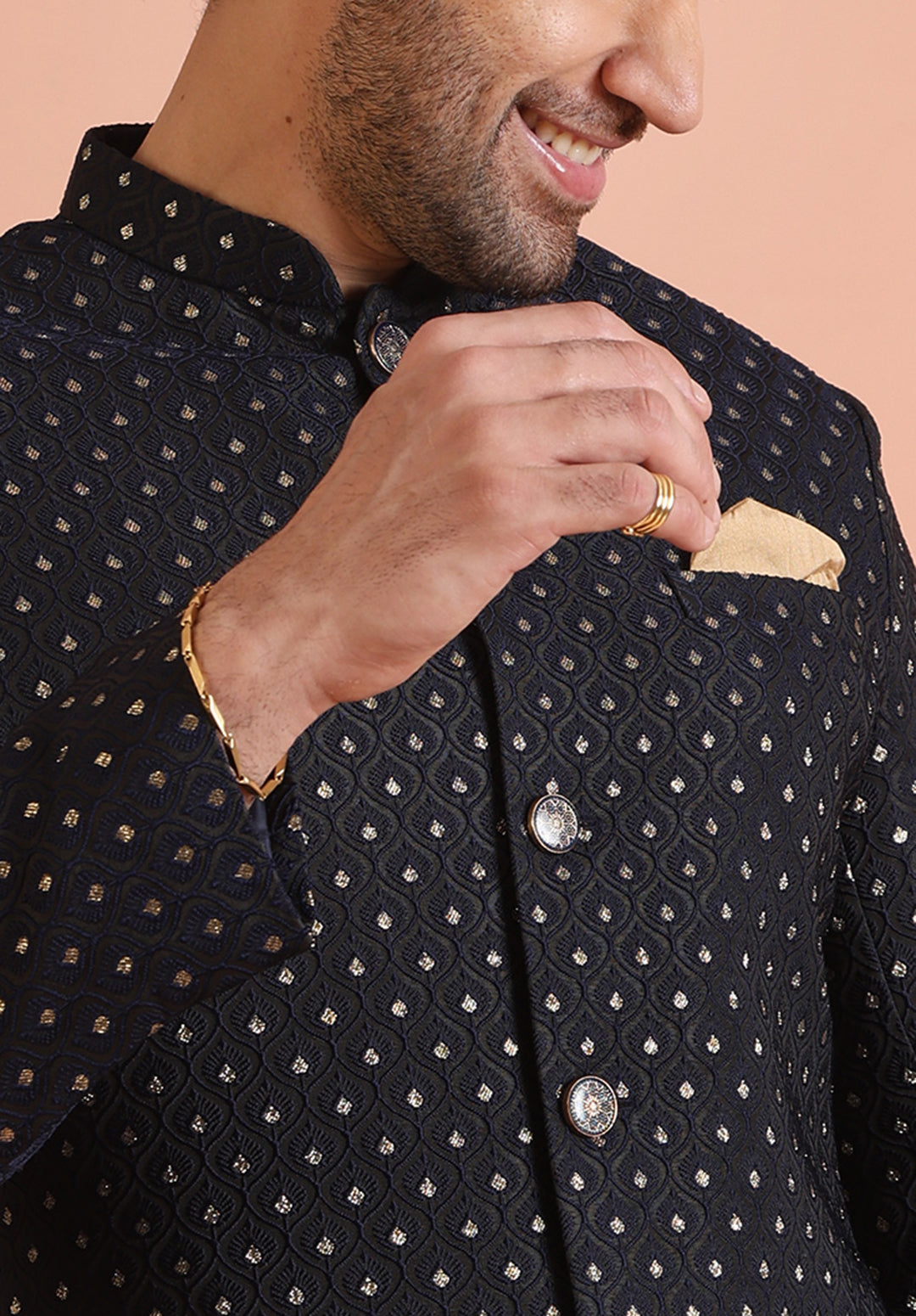 Navy Blue Jacquard Silk Blend Indo-Western Set (2-Piece) - Image 5