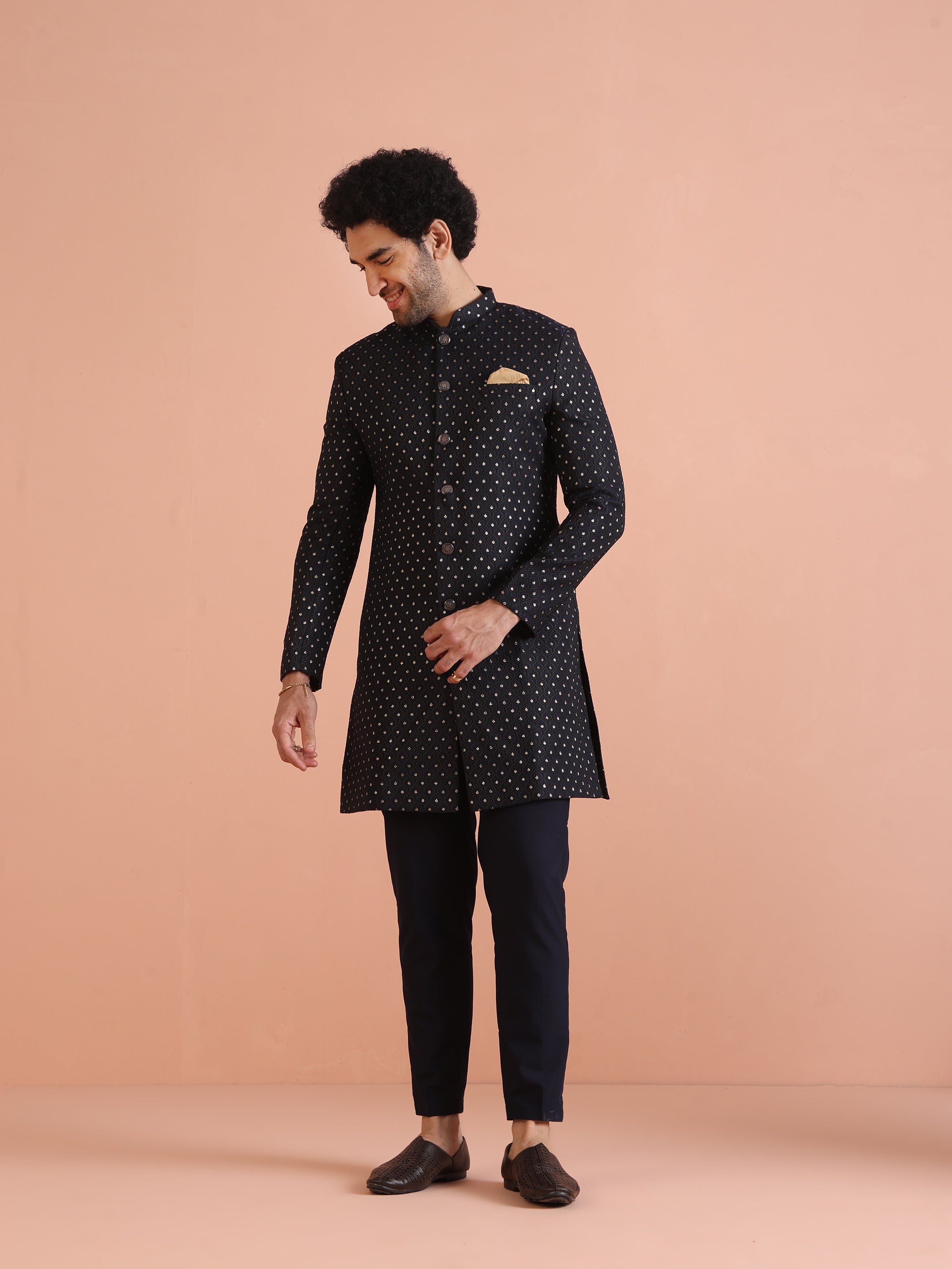 Navy Blue Jacquard Silk Blend Indo-Western Set (2-Piece) - Image 8