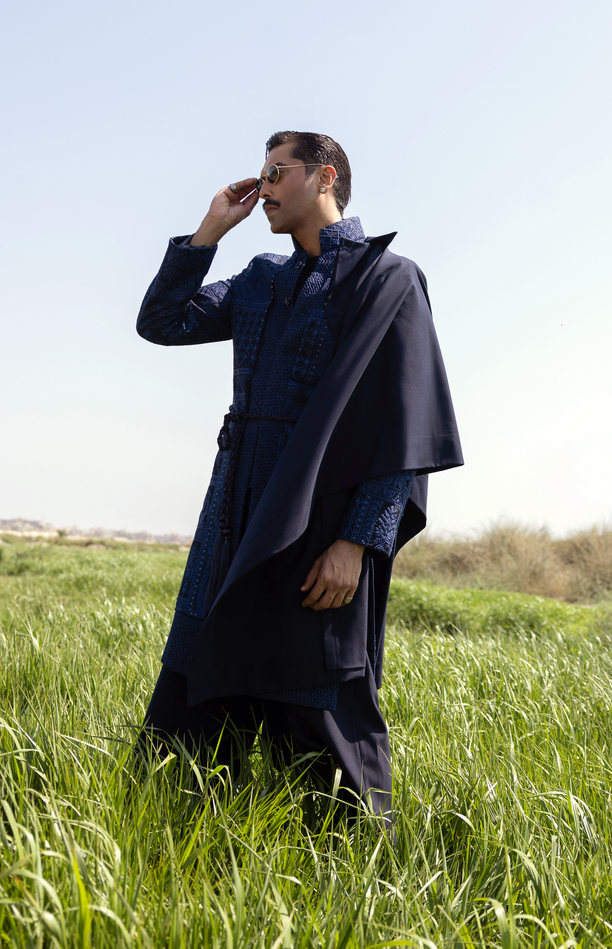 Navy Blue Embroidered Silk-Blend Sherwani (2-Piece) - Image 1