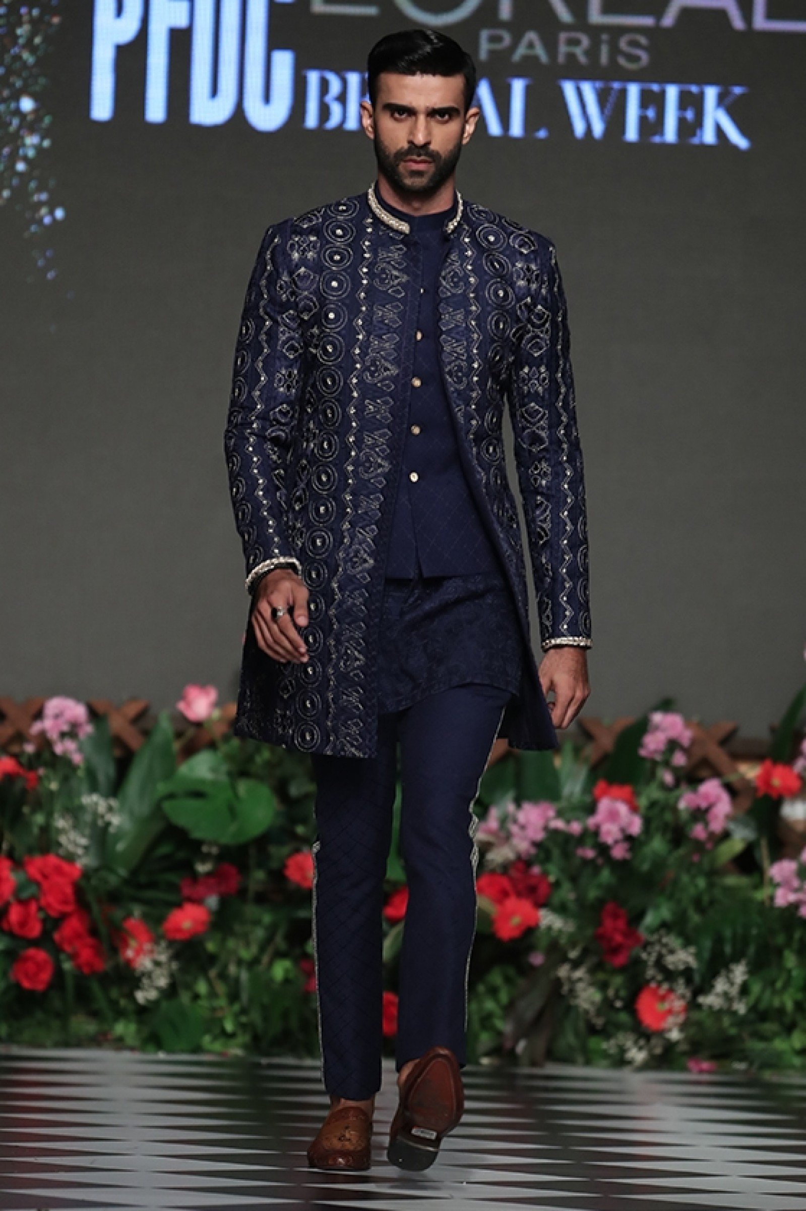Navy Blue Embroidered Silk-Blend Sherwani (2-Piece) - Image 1