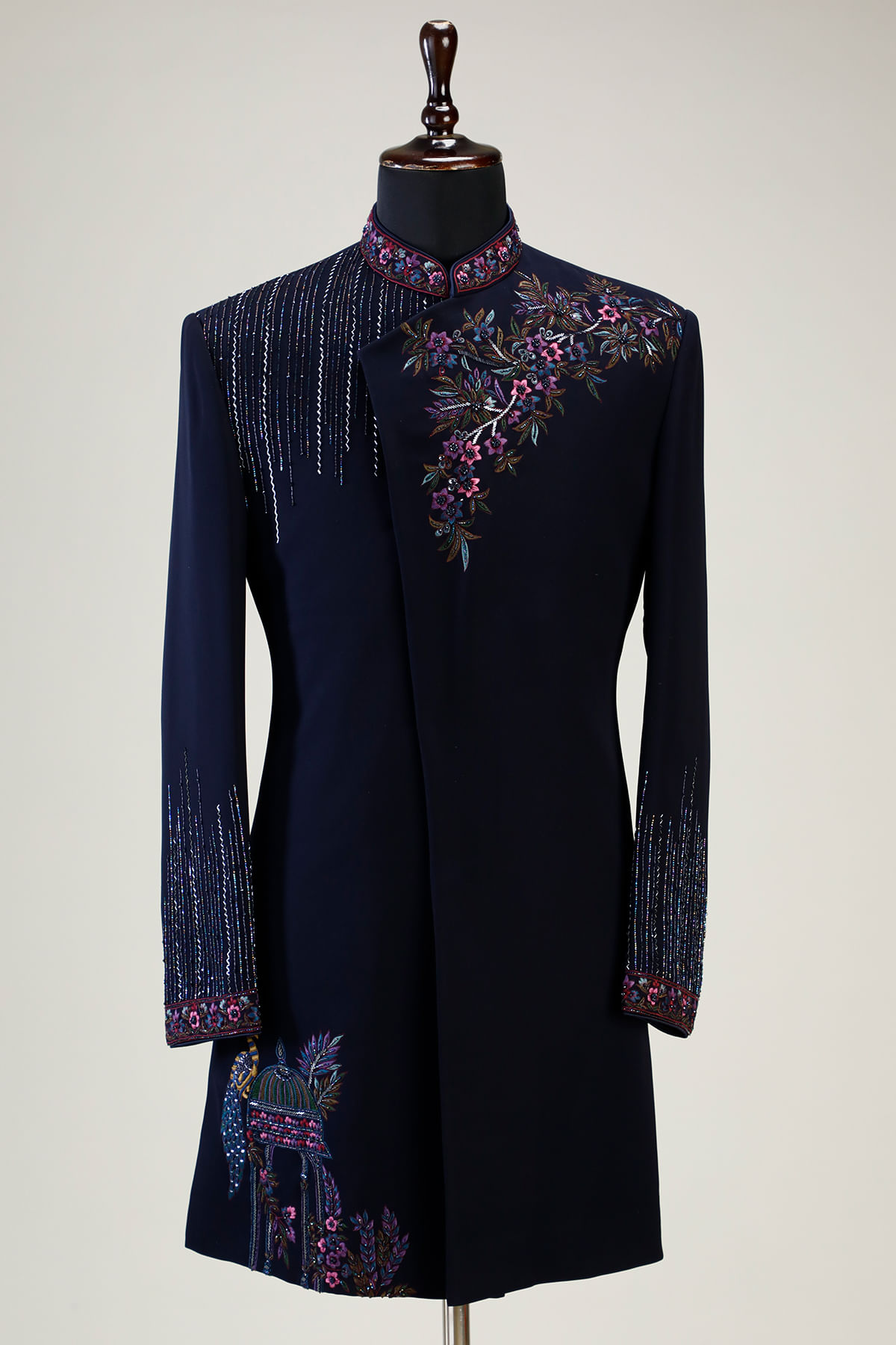 Navy Blue Resham Embroidered Silk Indo-Western Sherwani (1-Pc) - Image 1